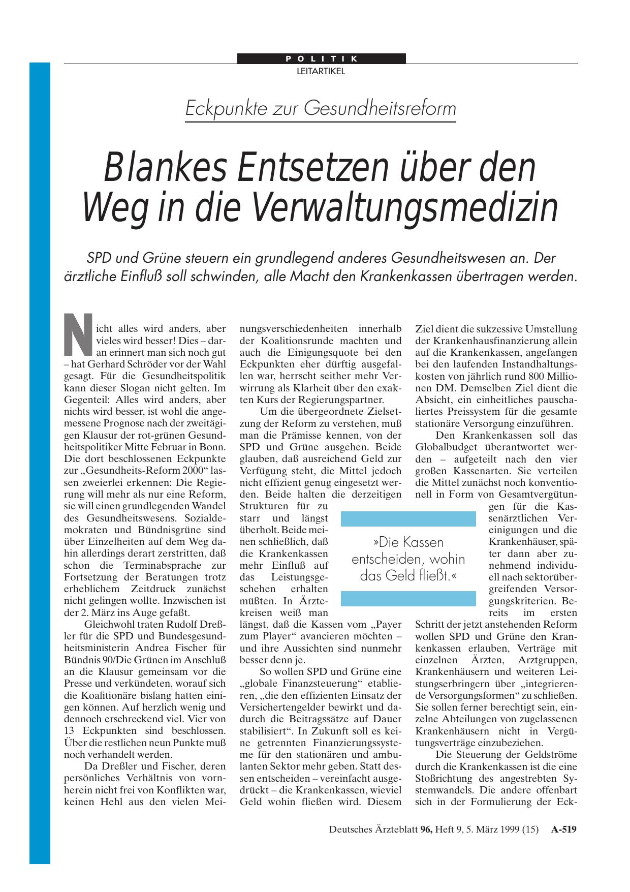Vorschauseite 1: Eckpunkte zur Gesundheitsreform: Blankes Entsetzen über den Weg in die Verwaltungsmedizin