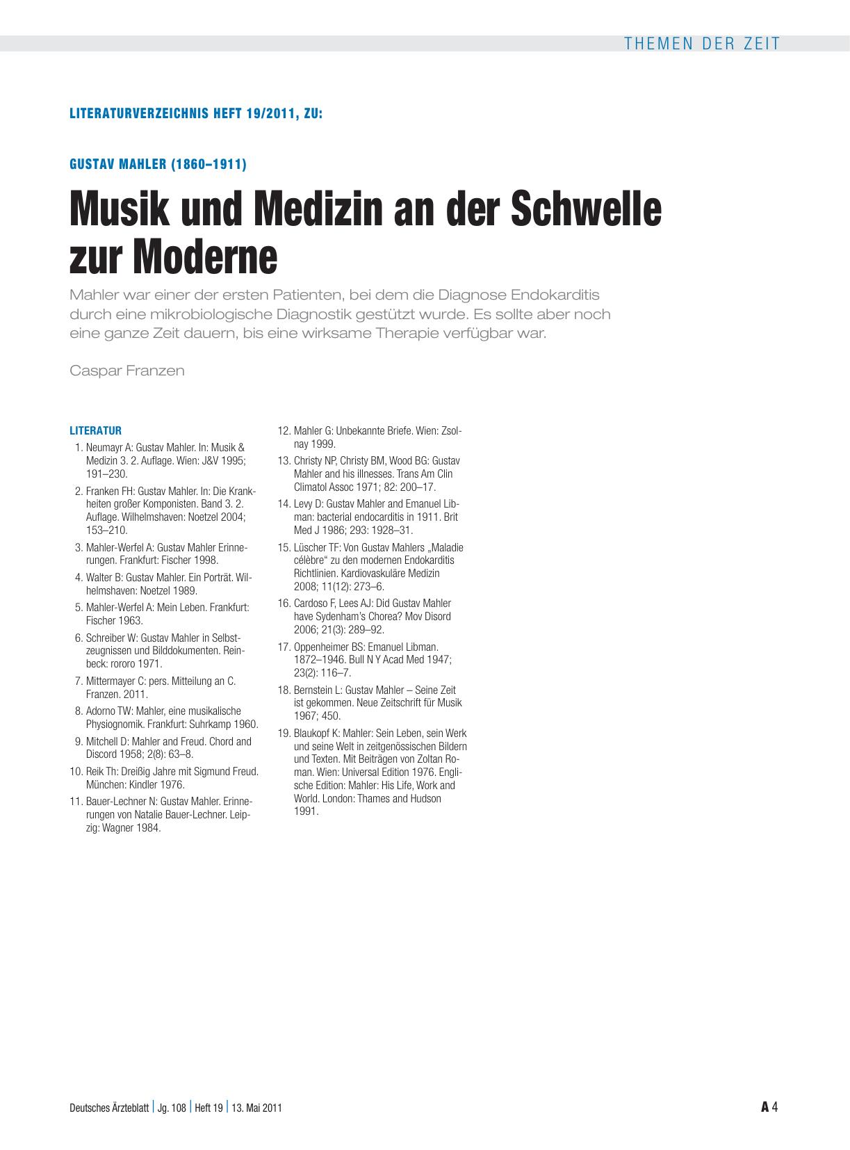 Vorschauseite 4: Gustav Mahler (1860–1911): Musik und Medizin an der Schwelle zur Moderne