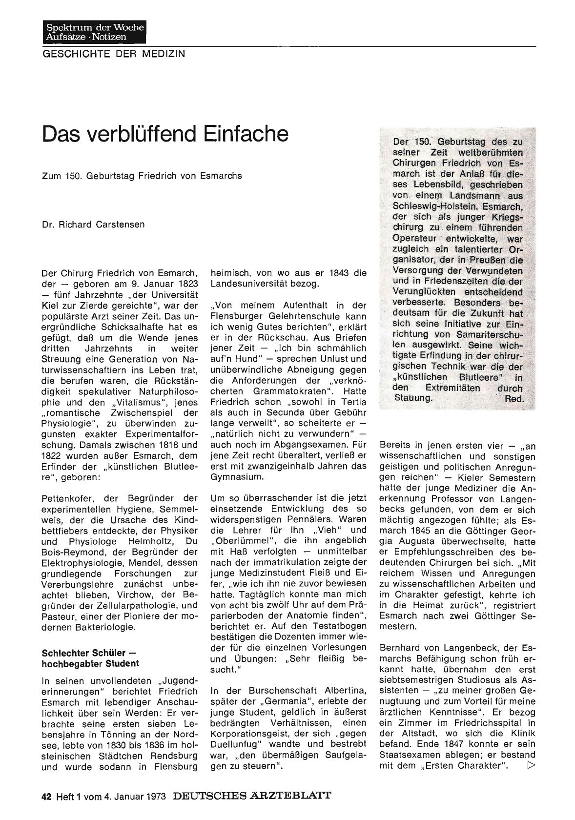 Vorschauseite 1: Das verblüffend Einfache: Zum 150. Geburtstag Friedrich von Esmarchs