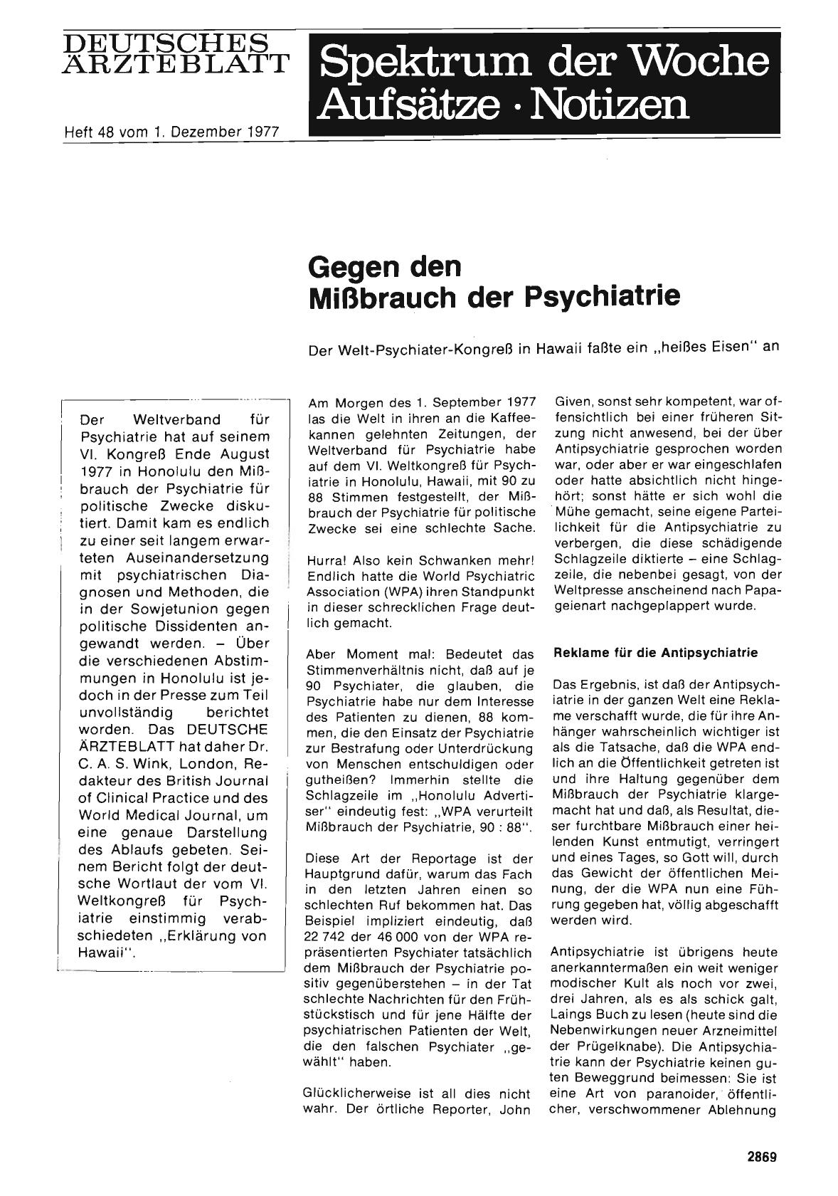 Vorschauseite 1: Gegen den Mißbrauch der Psychiatrie Der Welt-Psychiater-Kongreß in Hawaii faßte ein „heißes Eisen“ an