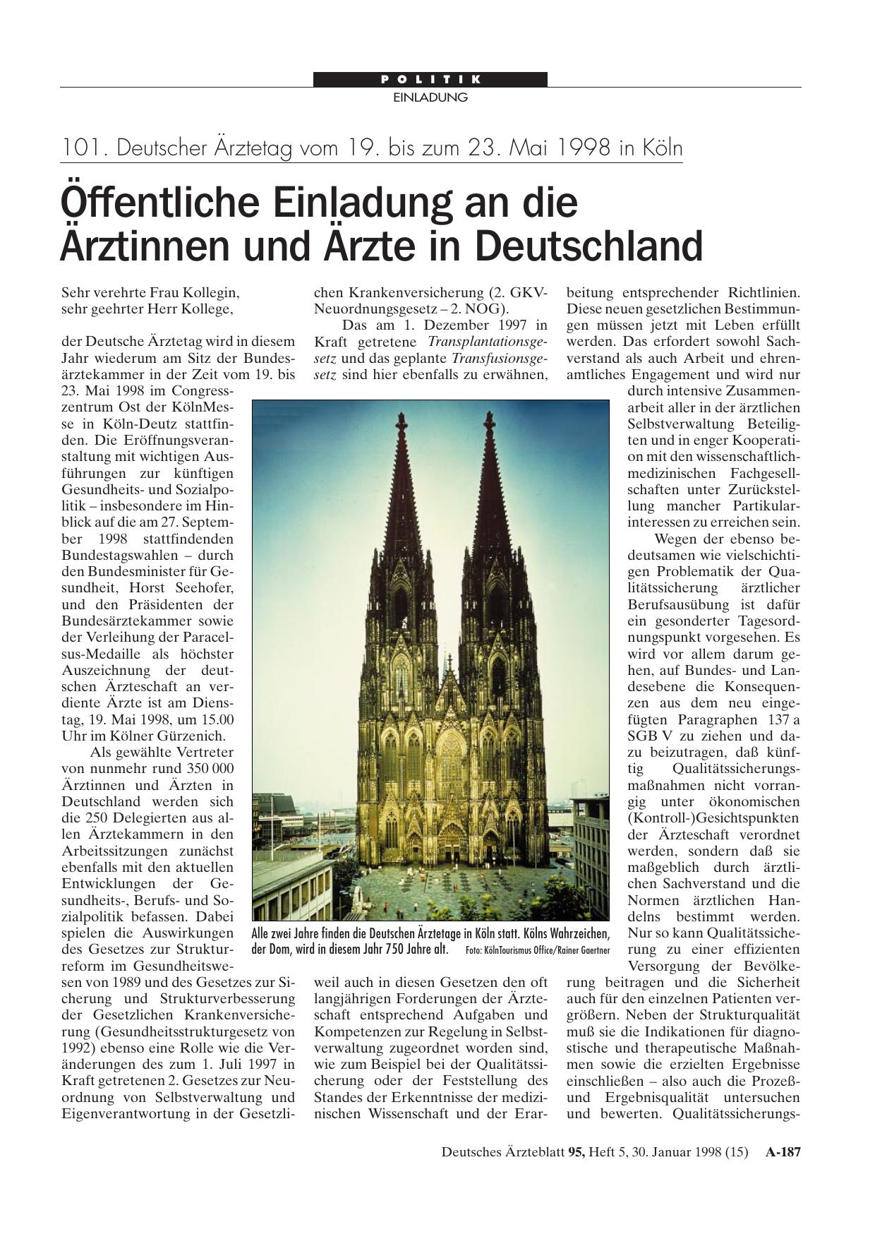 Vorschauseite 1: 101. Deutscher Ärztetag vom 19. bis zum 23. Mai 1998 in Köln: Öffentliche Einladung an die Ärztinnen und Ärzte in Deutschland