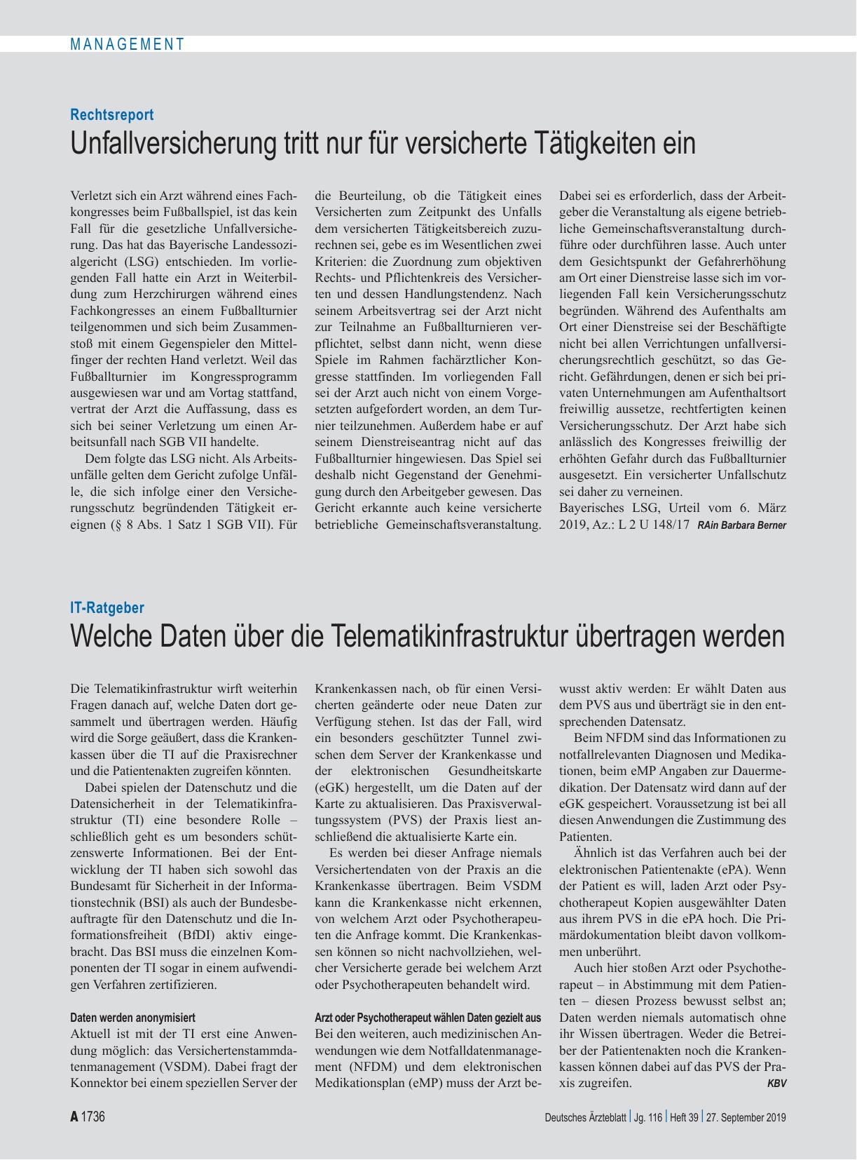 Vorschauseite 1: Rechtsreport: Unfallversicherung tritt nur für versicherte Tätigkeiten ein