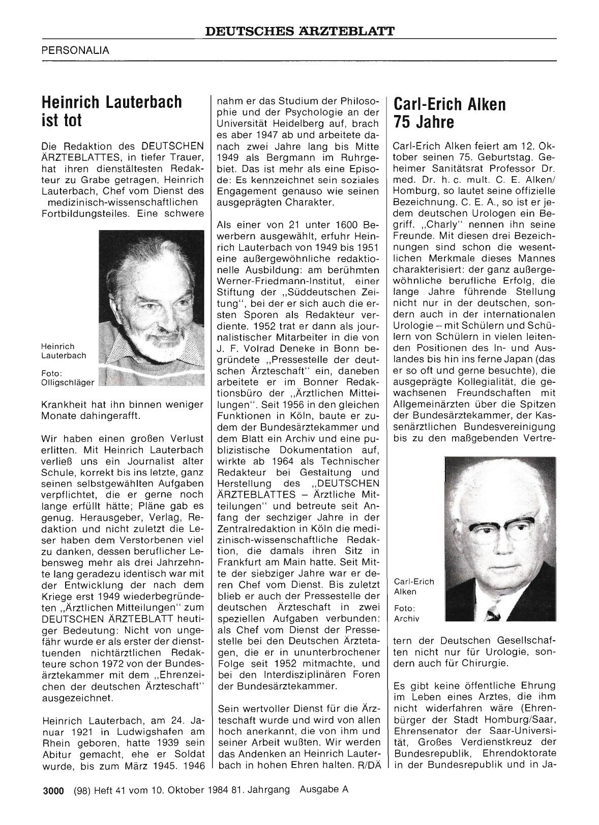 Vorschauseite 1: Carl-Erich Alken 75 Jahre