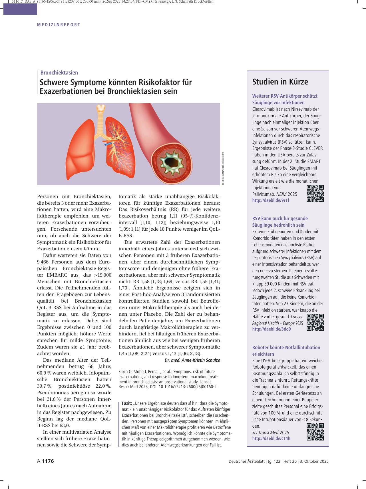 Vorschauseite 1: Bronchiektasien: Schwere Symptome könnten Risikofaktor für Exazerbationen bei Bronchiektasien sein