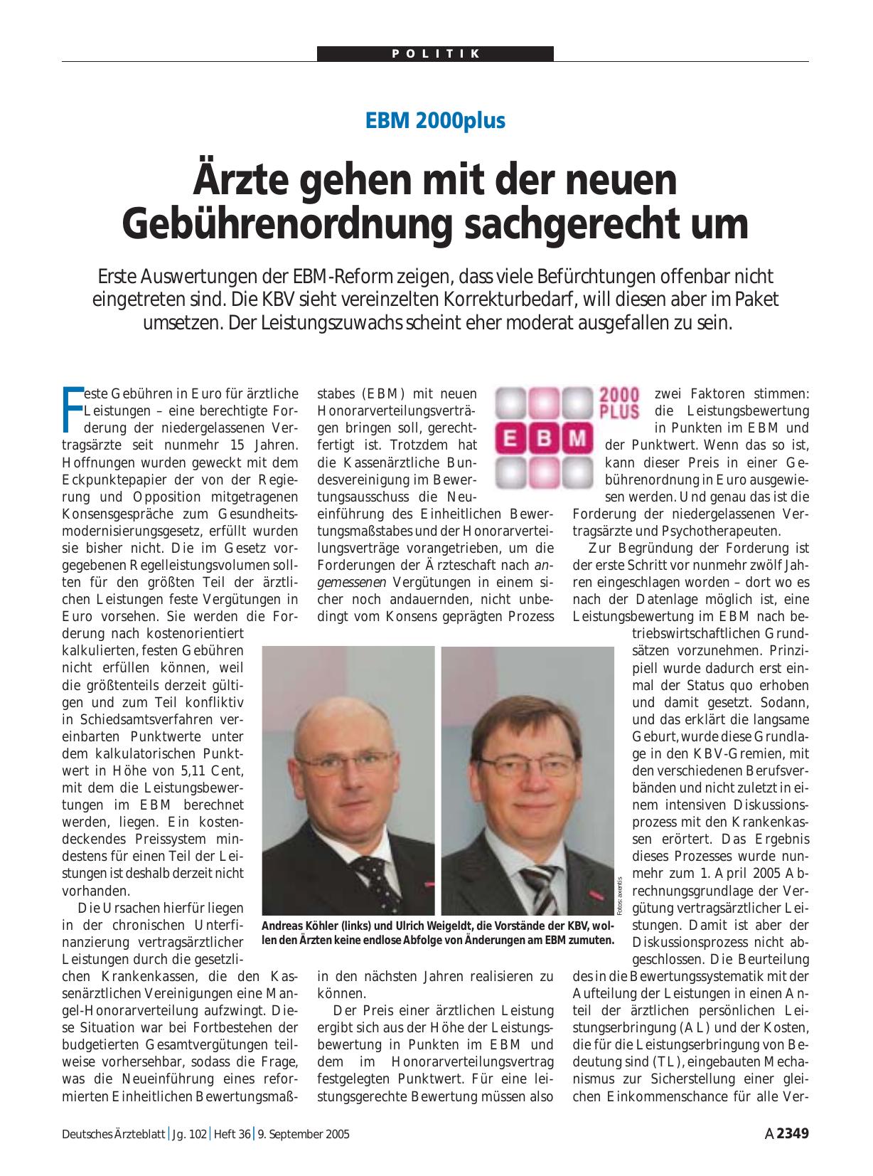 Vorschauseite 1: EBM 2000plus: Ärzte gehen mit der neuen Gebührenordnung sachgerecht um