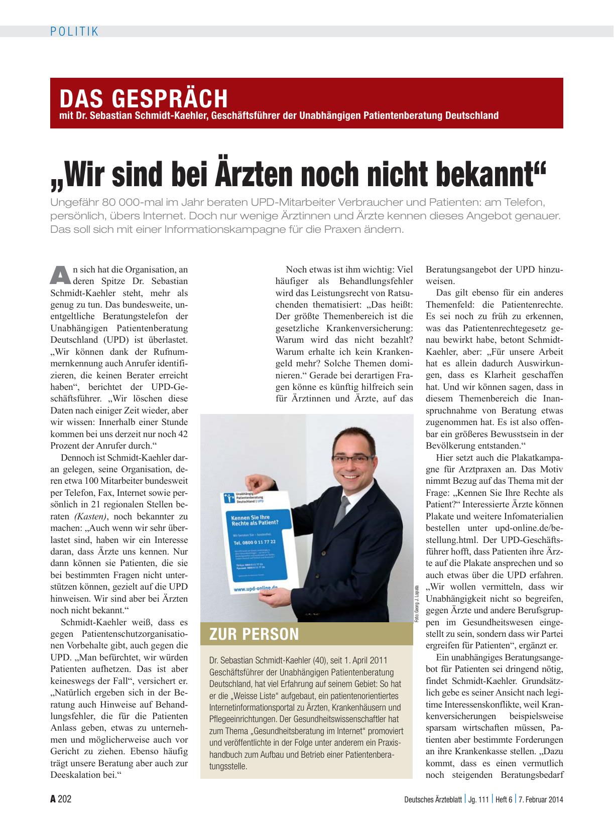 Vorschauseite 1: Gespräch mit Dr. Sebastian Schmidt-Kaehler, Geschäftsführer der Unabhängigen Patientenberatung Deutschland: „Wir sind bei Ärzten noch nicht bekannt“