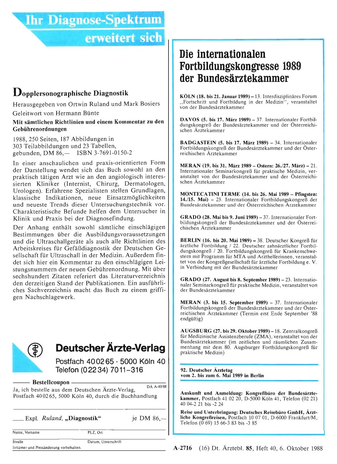 Vorschauseite 1: Die internationalen Fortbildungskongresse 1989 der Bundesärztekammer