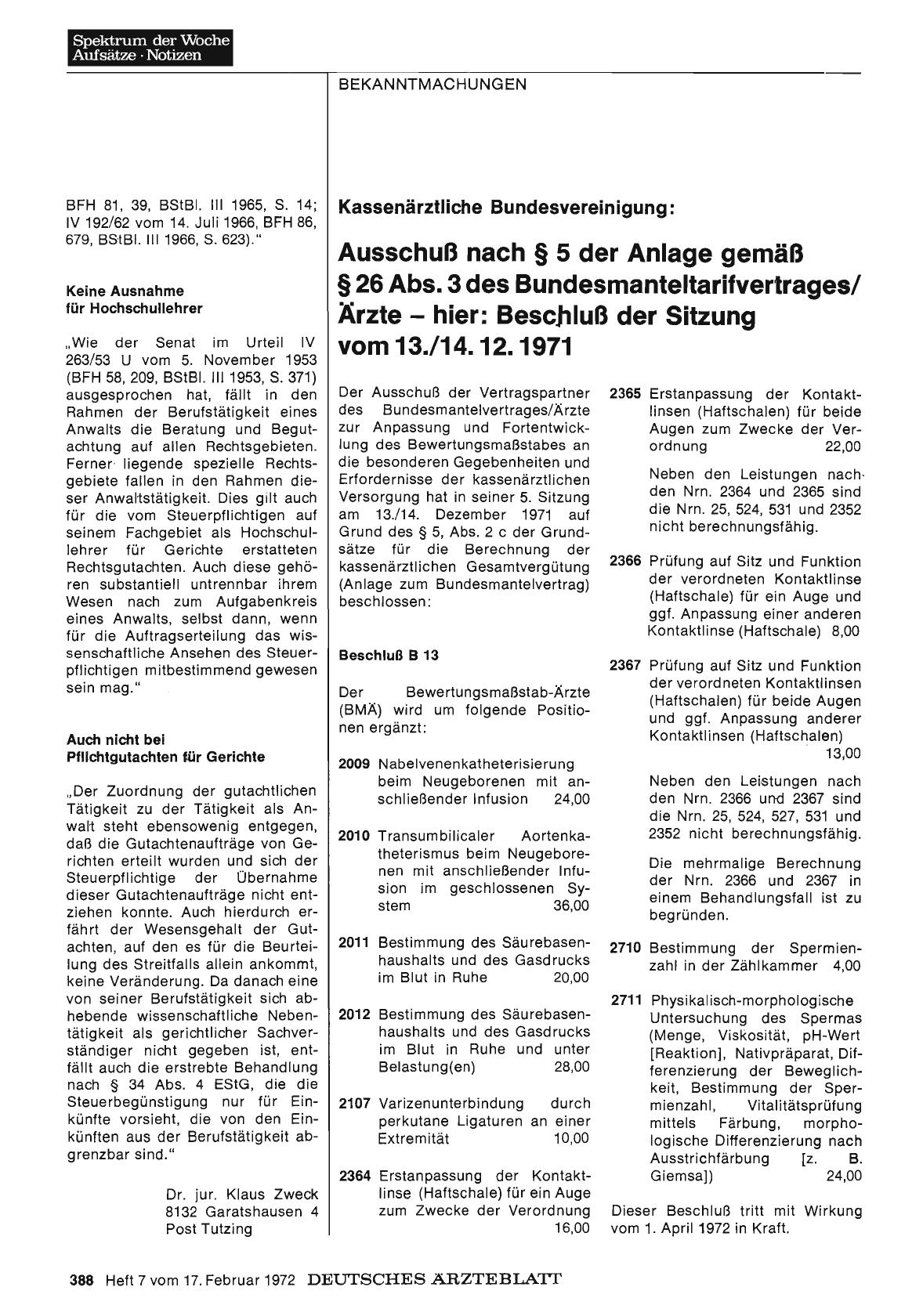 Vorschauseite 1: Kassenärztliche Bundesvereinigung: Ausschuß nach § 5 der Anlage gemäß § 26 Abs. 3 des Bundesmanteltarifvertrages/ Ärzte - hier: Beschluß der Sitzung vom 13. /14. 12. 1971