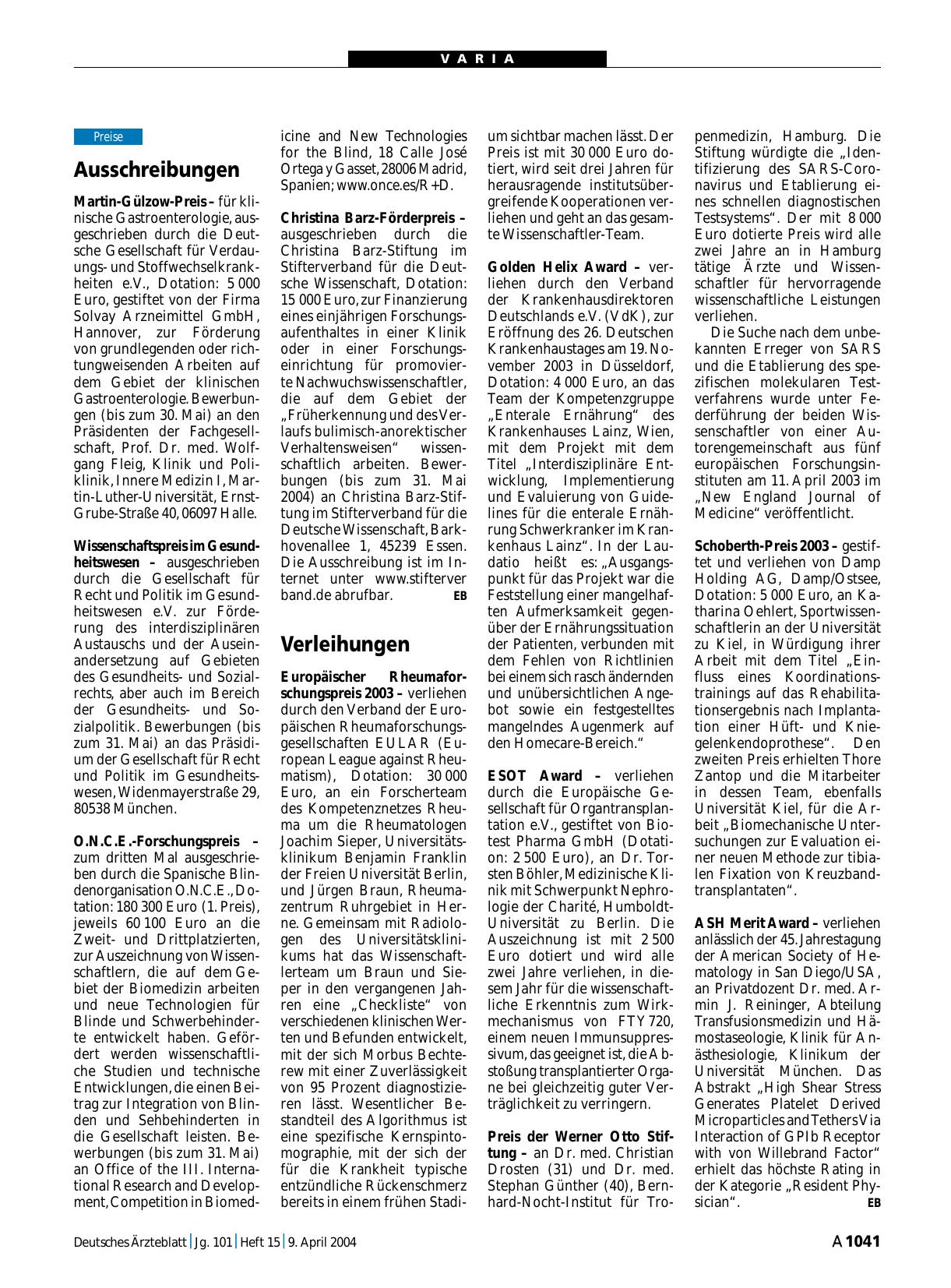 Vorschauseite 1: Verleihungen