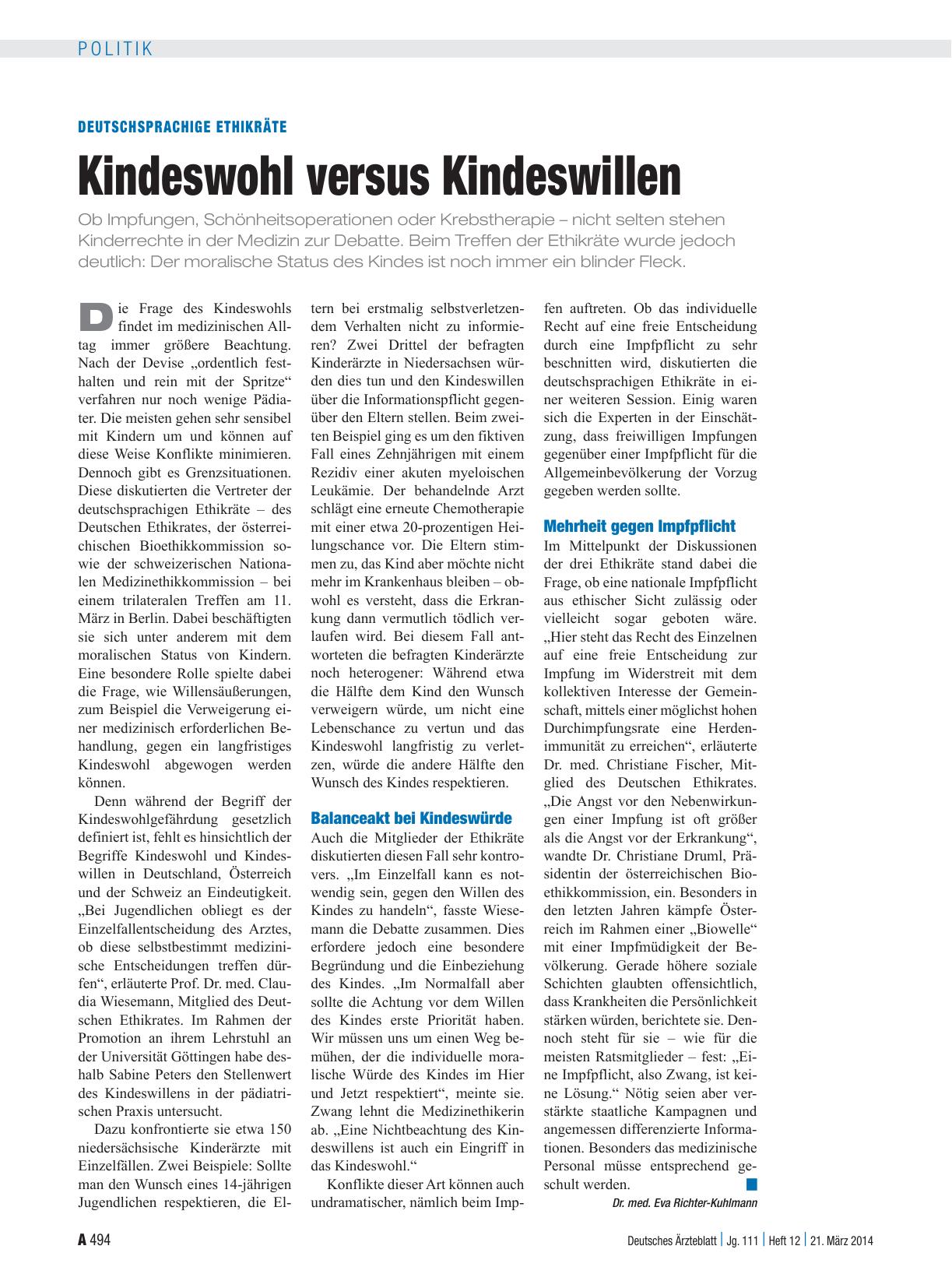 Vorschauseite 1: Deutschsprachige Ethikräte: Kindeswohl versus Kindeswillen