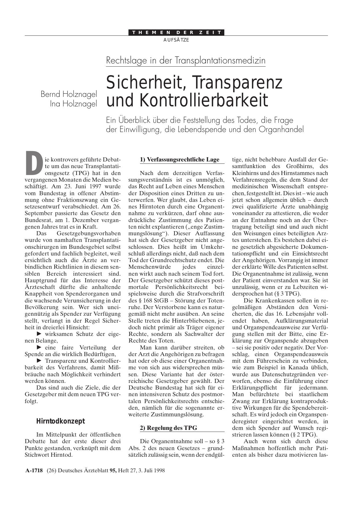Vorschauseite 1: Rechtslage in der Transplantationsmedizin: Sicherheit, Transparenz und Kontrollierbarkeit