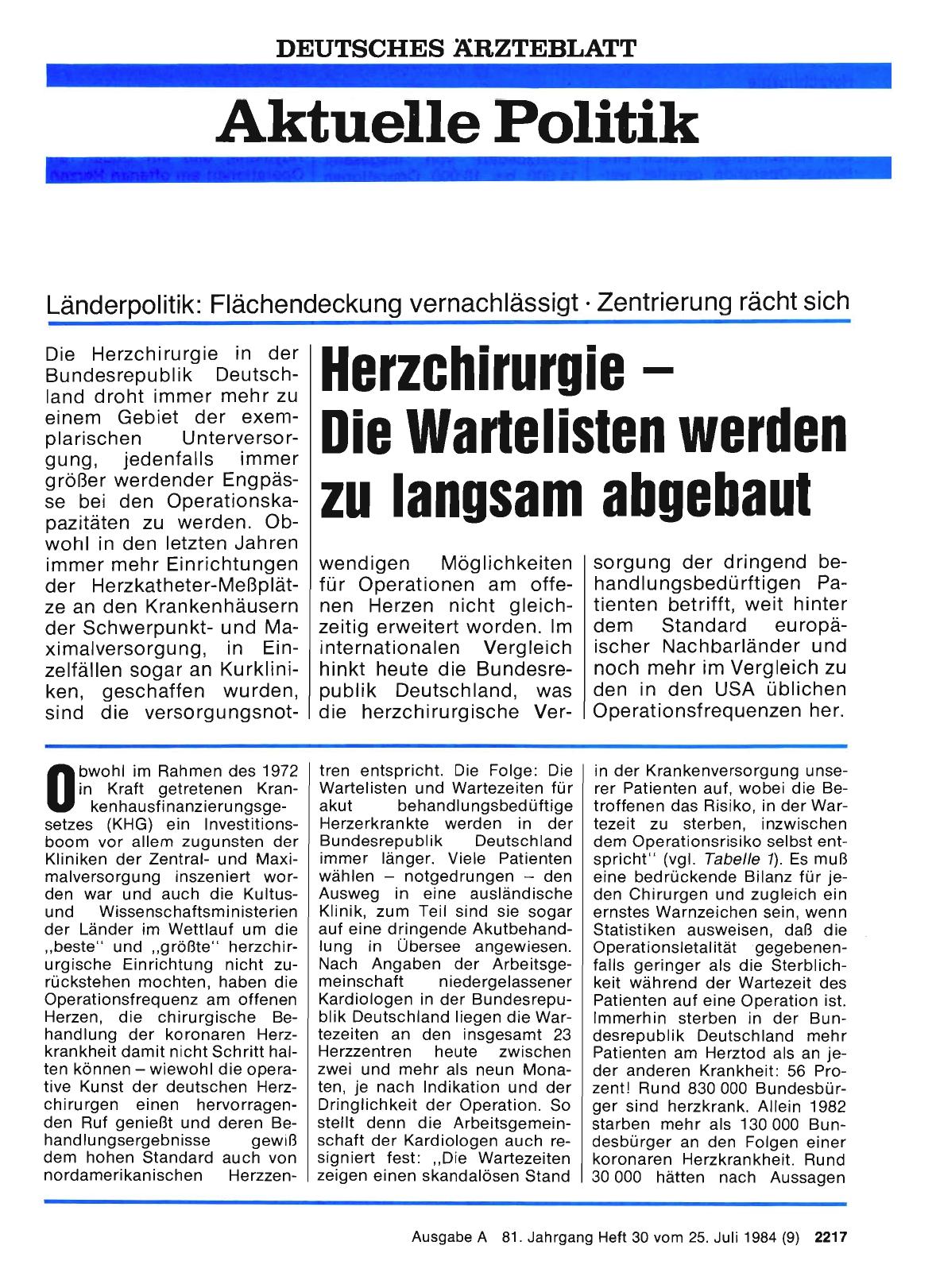 Vorschauseite 1: Herzchirurgie — Die Wartelisten werden zu langsam abgebaut