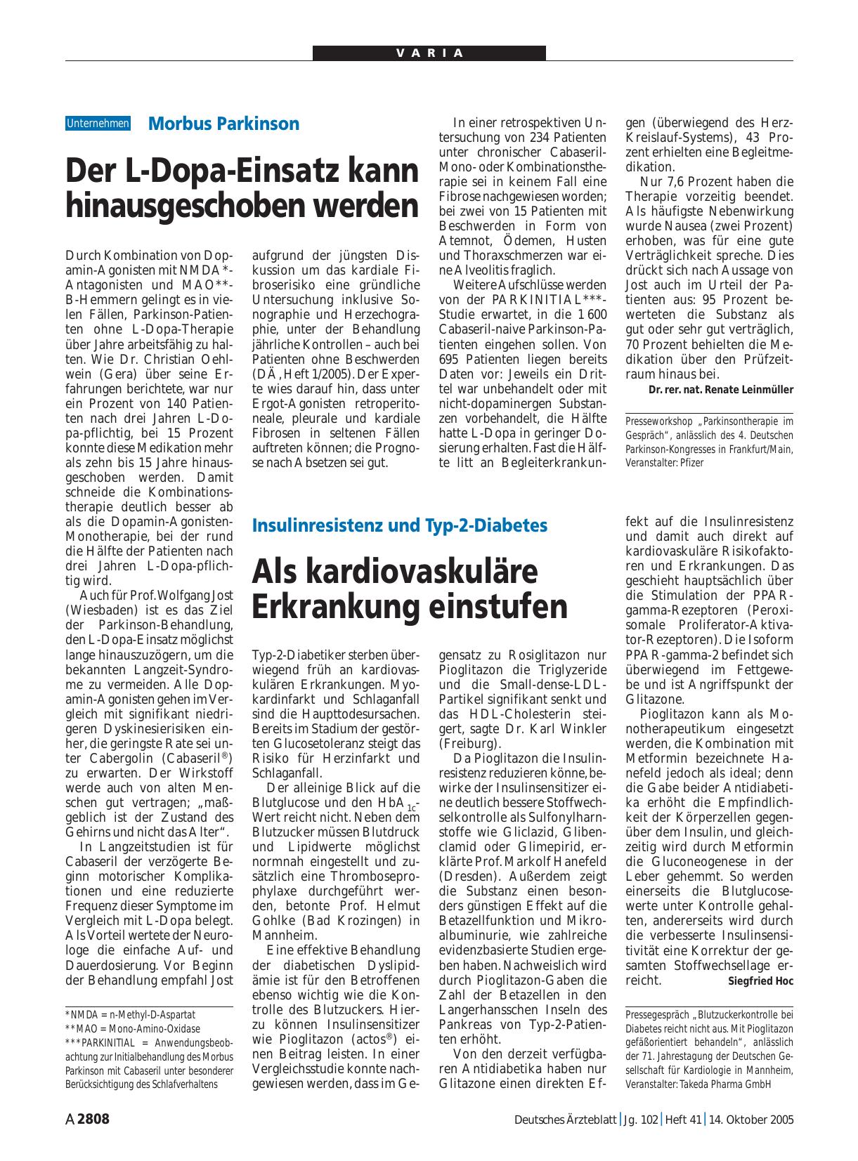 Vorschauseite 1: Morbus Parkinson: Der L-Dopa-Einsatz kann hinausgeschoben werden