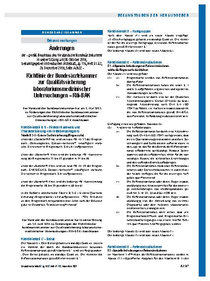 Vorschauseite 1: Änderungen der Richtlinie der Bundesärztekammer zur Qualitätssicherung laboratoriumsmedizinischer Untersuchungen – Rili-BÄK