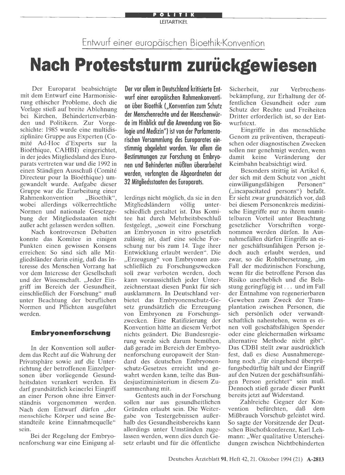 Vorschauseite 1: Entwurf einer europäischen Bioethik-Konvention: Nach Proteststurm zurückgewiesen