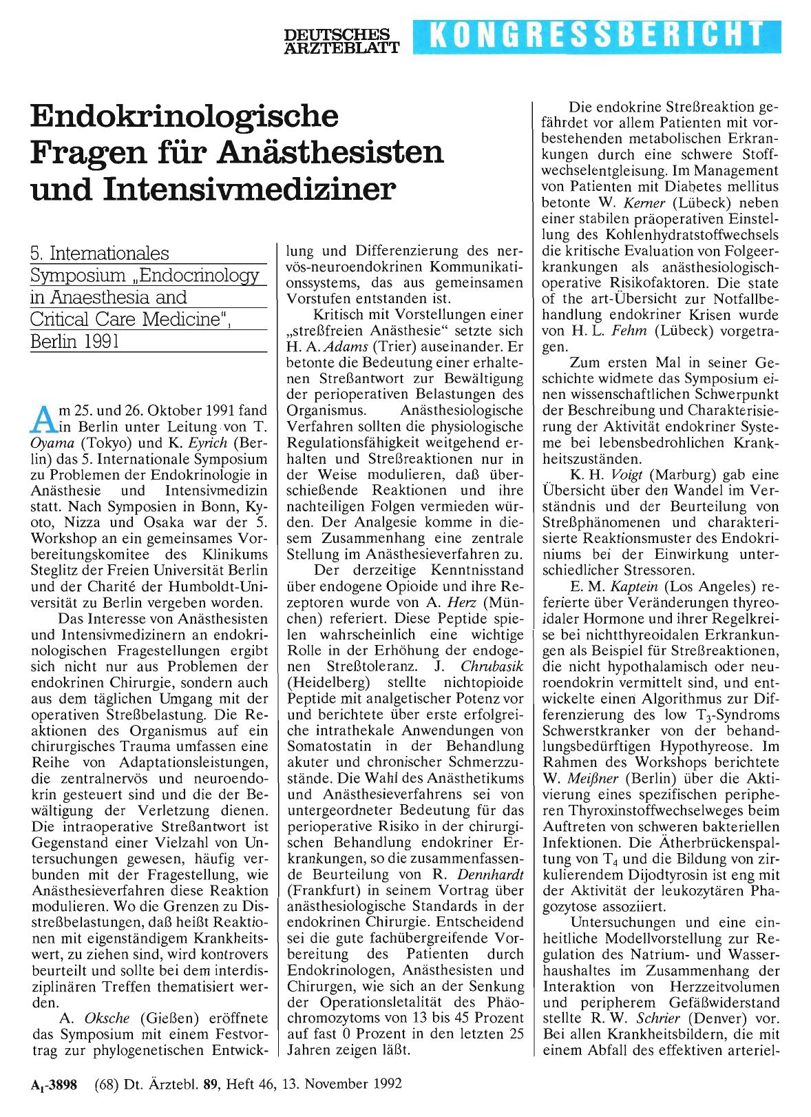 Vorschauseite 1: Endokrinologische Fragen für Anästhesisten und Intensivmediziner: 5. Internationales Symposium „Endocrinology in Anaesthesia and Critical Care Medicine“, Berlin 1991
