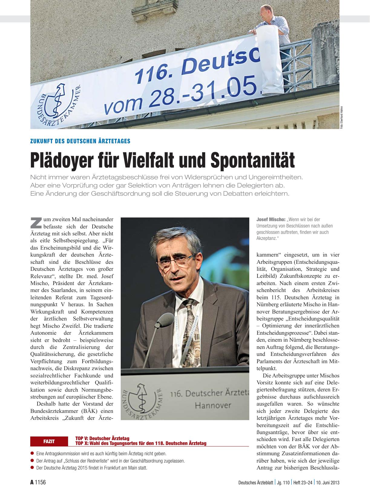 Vorschauseite 1: Zukunft des Deutschen Ärztetages: Plädoyer für Vielfalt und Spontanität