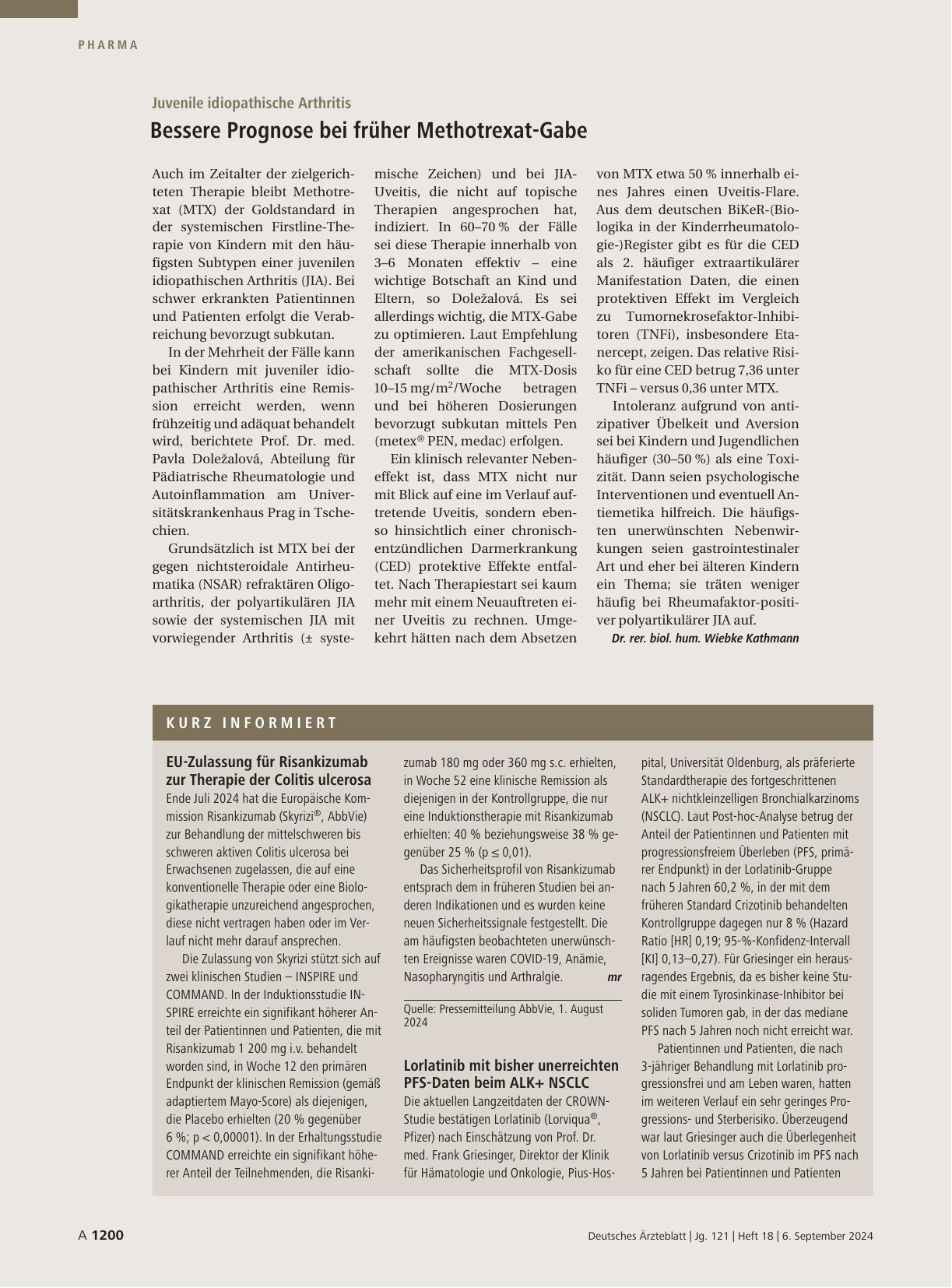 Vorschauseite 1: Juvenile idiopathische Arthritis: Bessere Prognose bei früher Methotrexat-Gabe