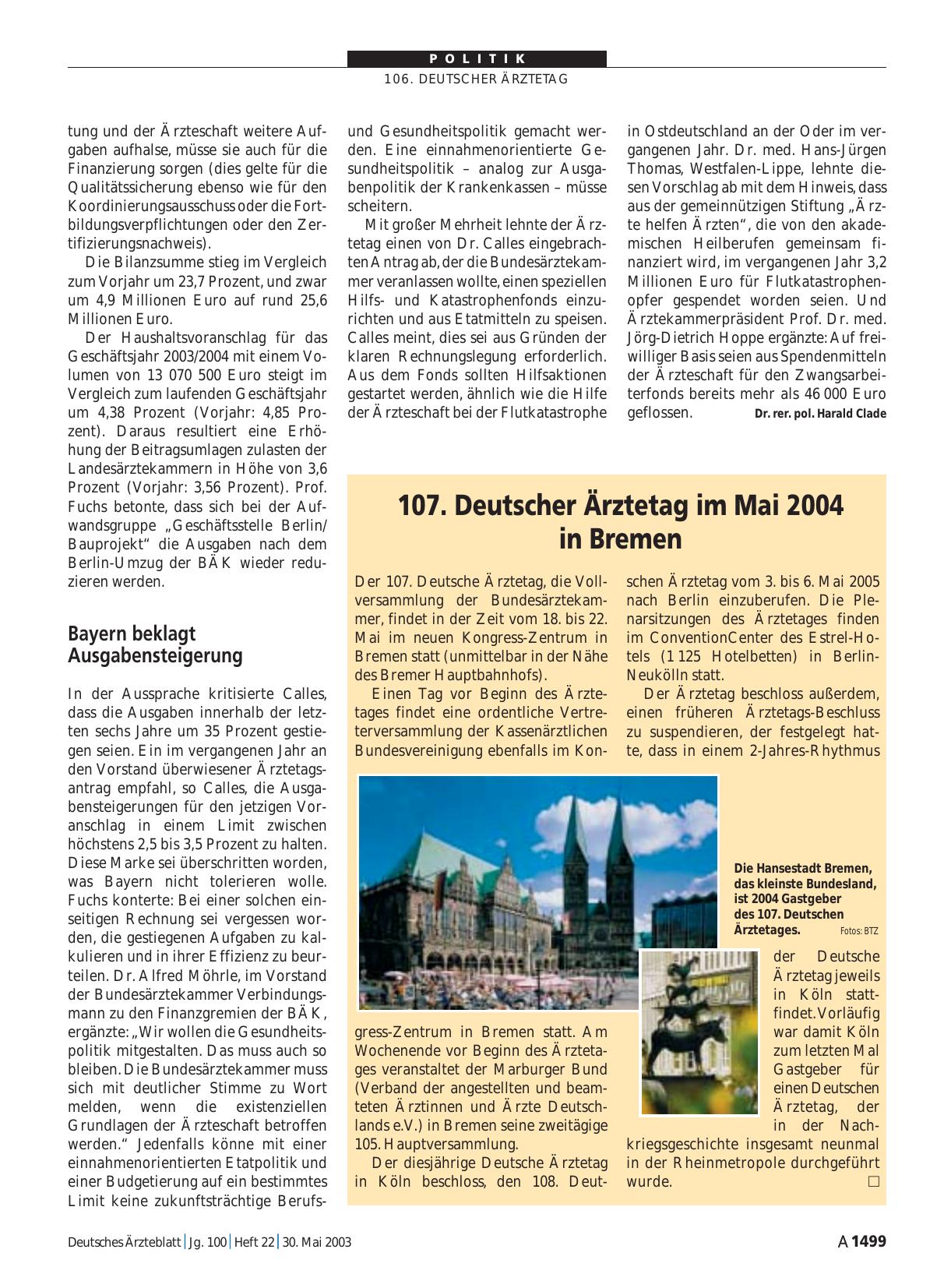 Vorschauseite 1: 107. Deutscher Ärztetag im Mai 2004 in Bremen