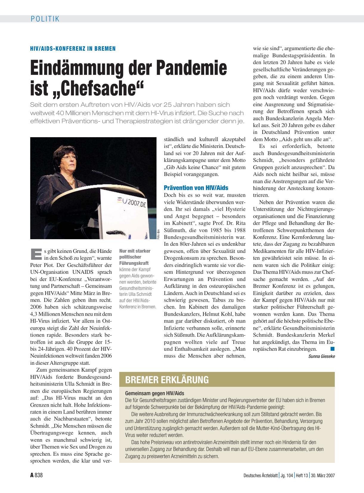 Vorschauseite 1: HIV/Aids-Konferenz in Bremen: Eindämmung der Pandemie ist „Chefsache“