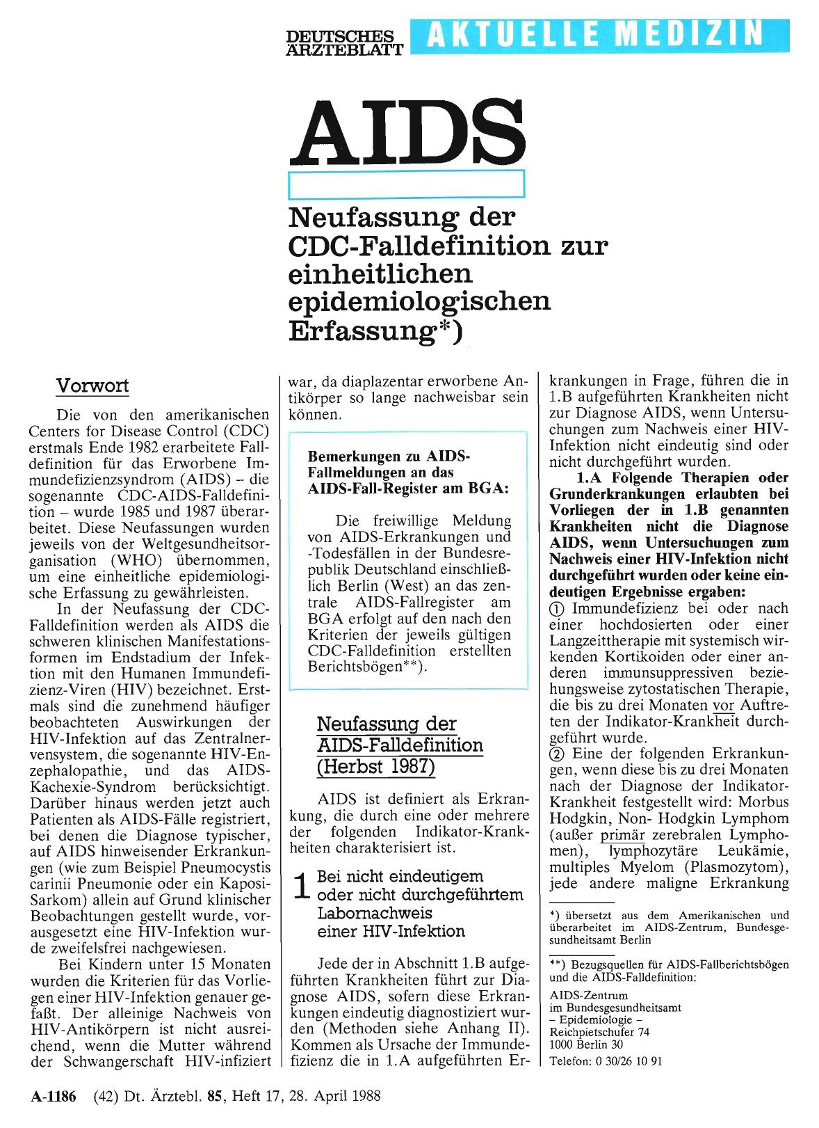 Vorschauseite 1: AIDS: CDC-Falldefinition zur einheitlichen epidemiologischen Erfassung