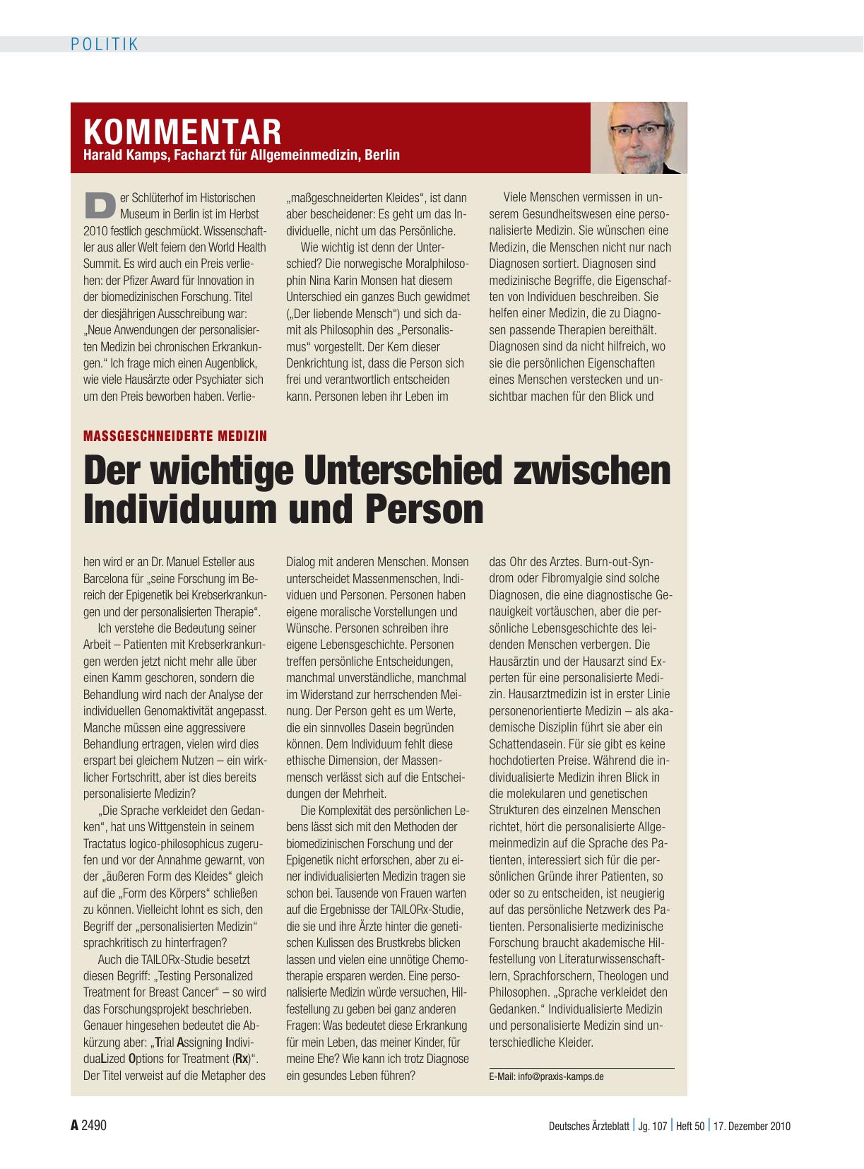 Vorschauseite 1: Massgeschneiderte Medizin: Der wichtige Unterschied zwischen Individuum und Person