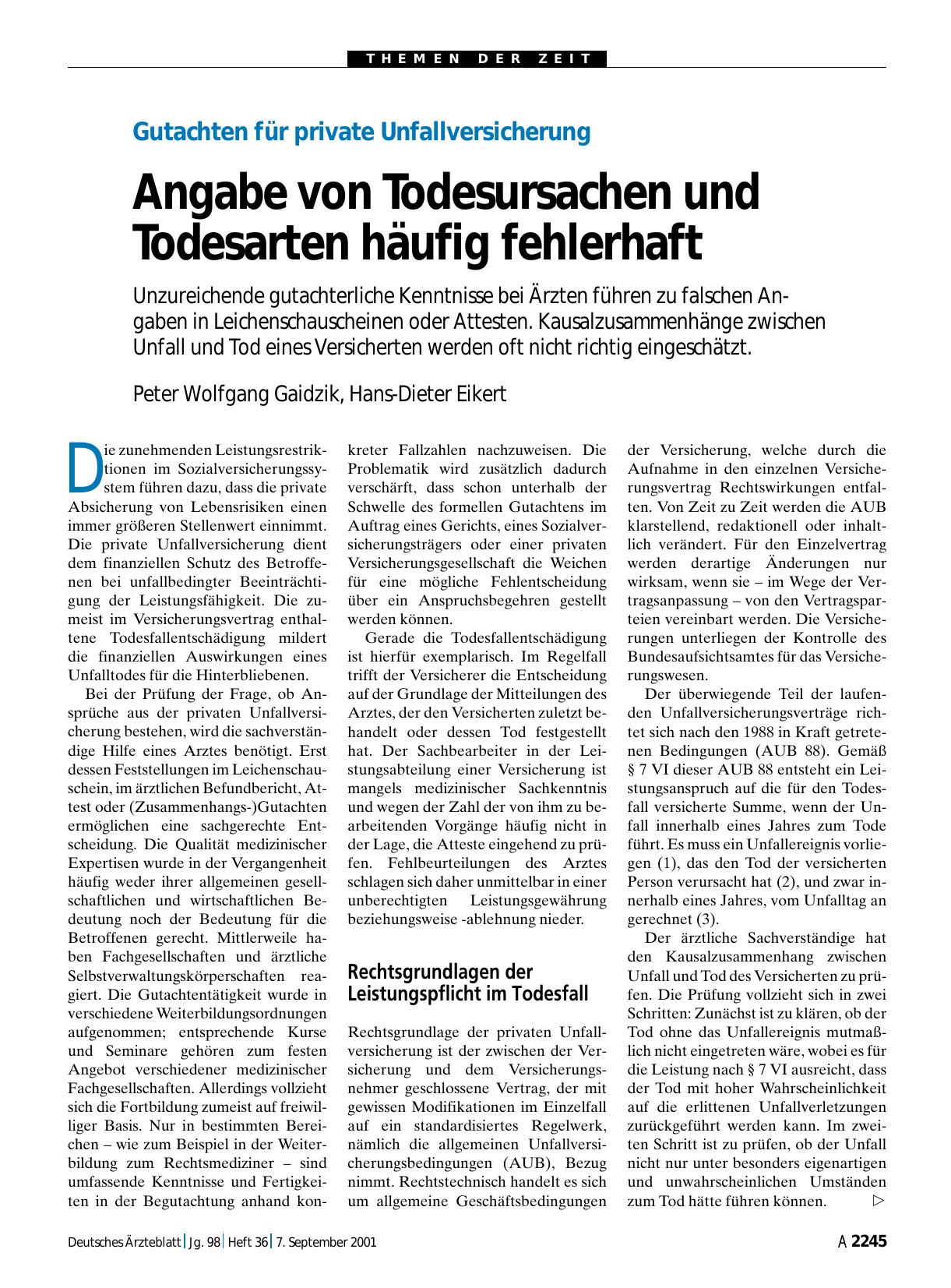Vorschauseite 1: Gutachten für private Unfallversicherung: Angabe von Todesursachen und Todesarten häufig fehlerhaft