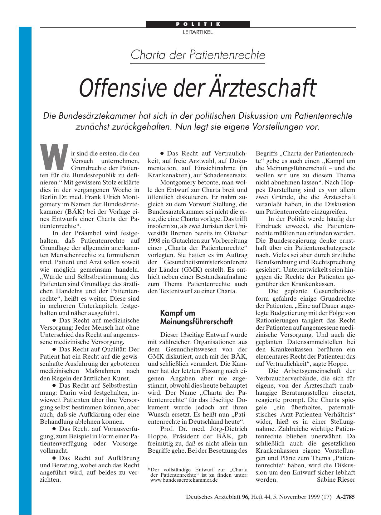 Vorschauseite 1: Charta der Patientenrechte: Offensive der Ärzteschaft