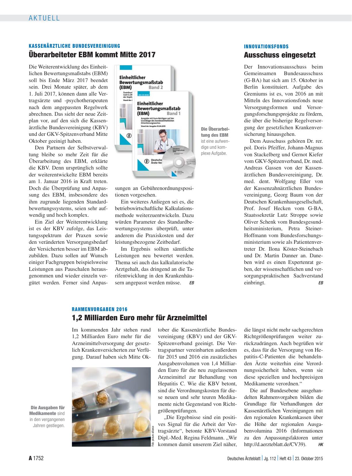 Vorschauseite 1: Kassenärztliche Bundesvereinigung: Überarbeiteter EBM kommt Mitte 2017
