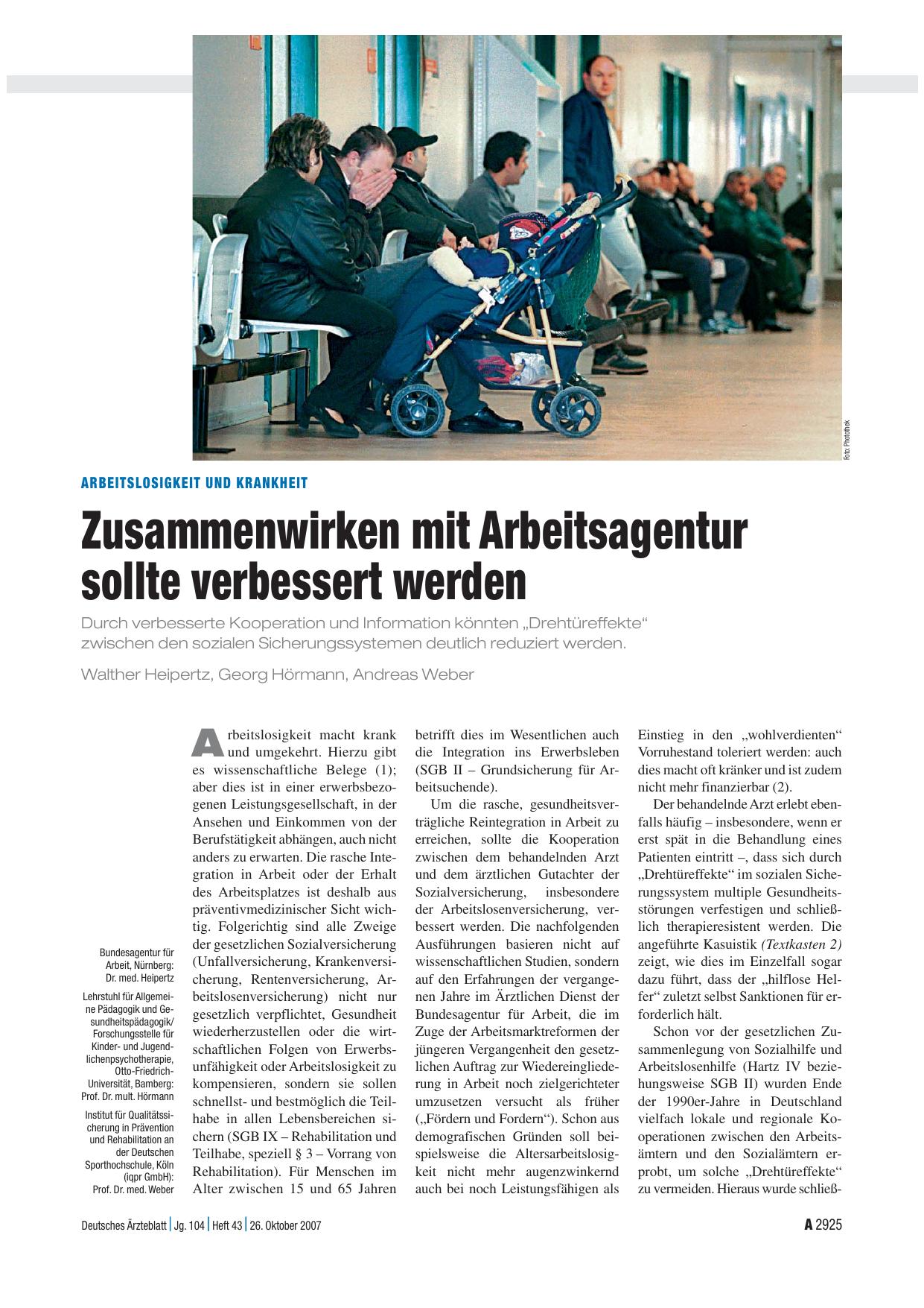 Vorschauseite 1: Arbeitslosigkeit und Krankheit: Zusammenwirken mit Arbeitsagentur sollte verbessert werden