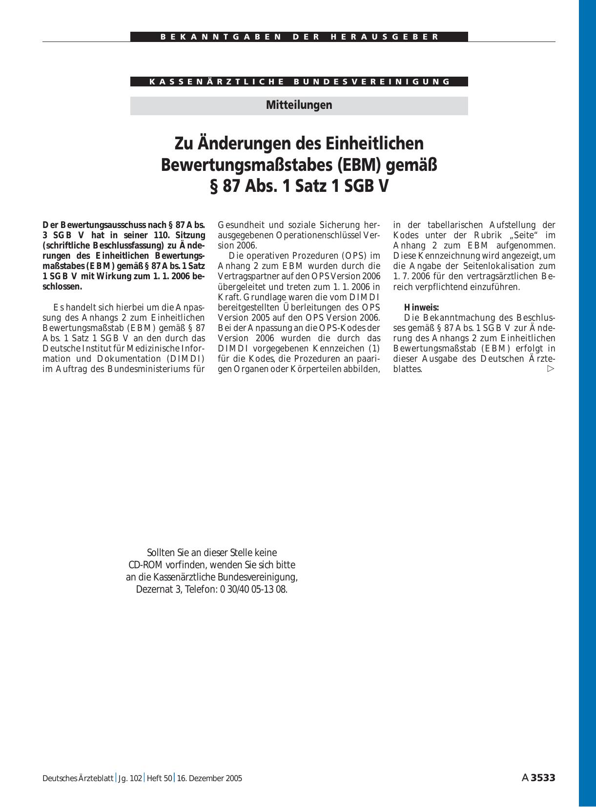 Vorschauseite 1: Mitteilungen: Zu Änderungen des Einheitlichen Bewertungsmaßstabes (EBM) gemäß § 87 Abs. 1 Satz 1 SGB V