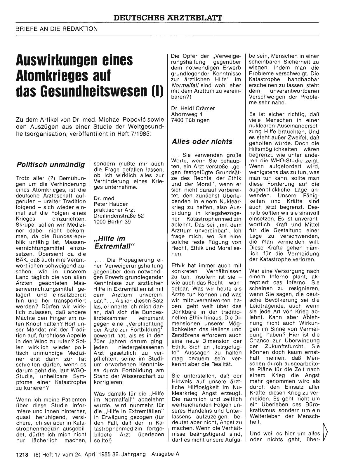 Vorschauseite 1: Auswirkungen eines Atomkrieges auf das Gesundheitswesen (I): Politisch unmündig