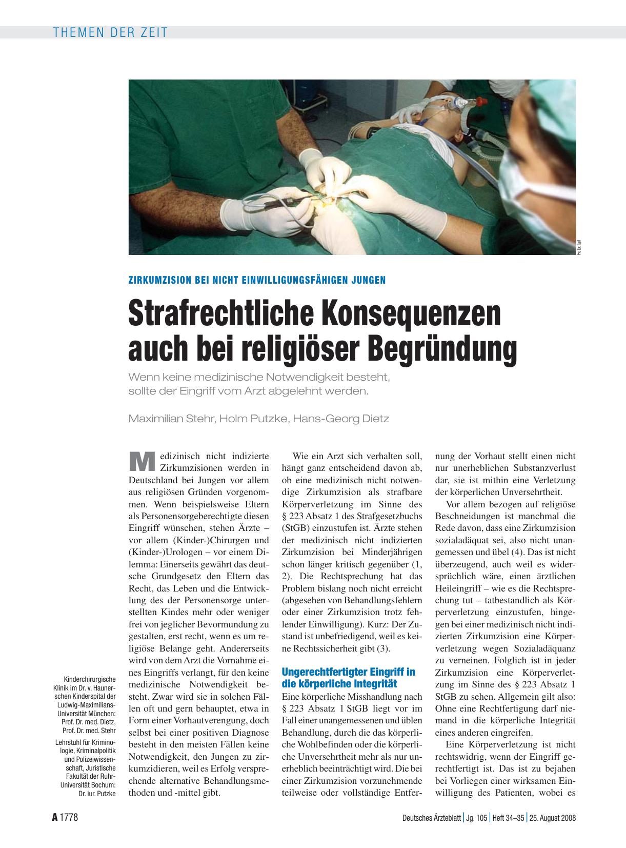 Vorschauseite 1: Zirkumzision bei nicht einwilligungsfähigen Jungen: Strafrechtliche Konsequenzen auch bei religiöser Begründung