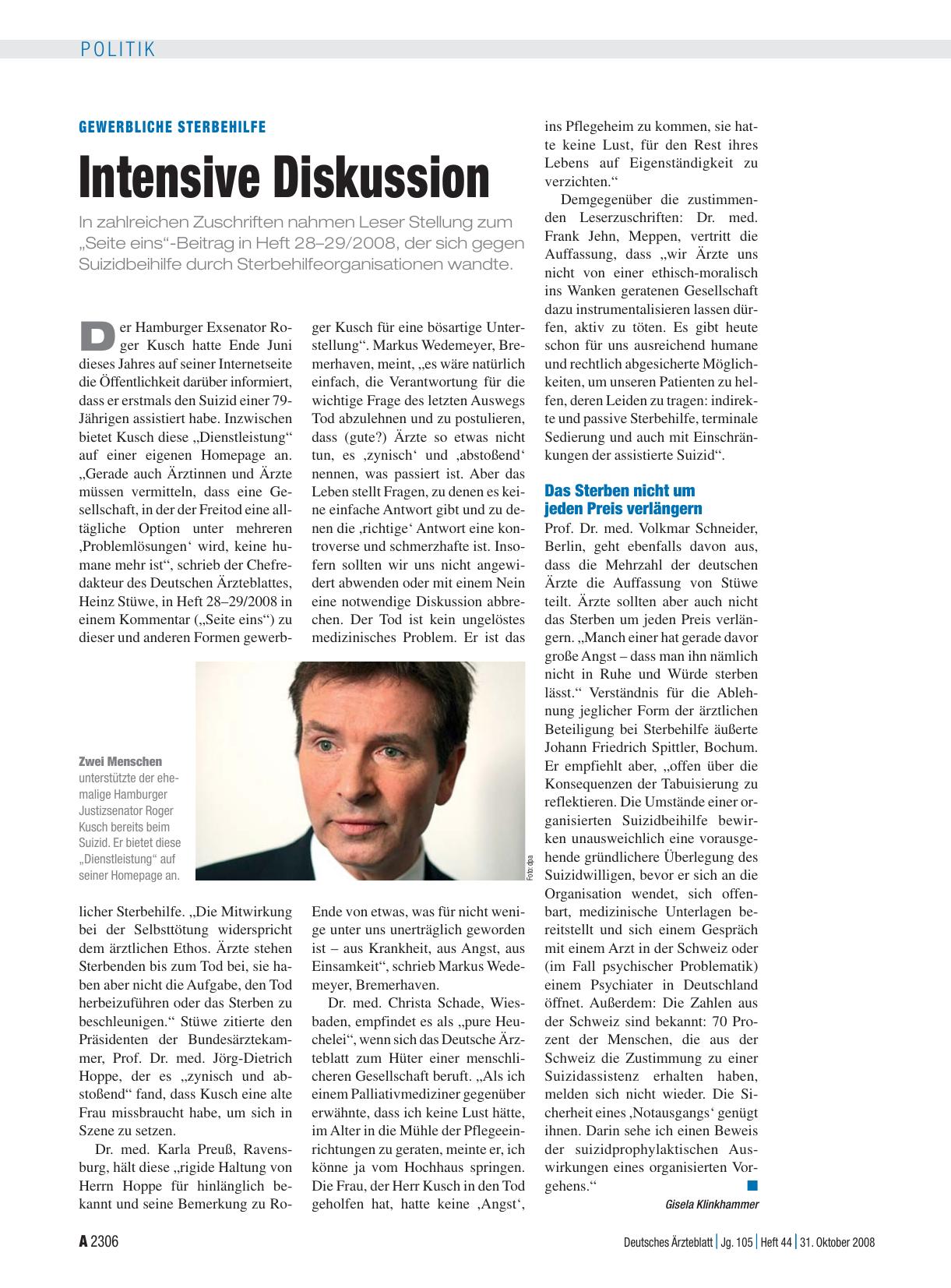 Vorschauseite 1: Gewerbliche Sterbehilfe: Intensive Diskussion