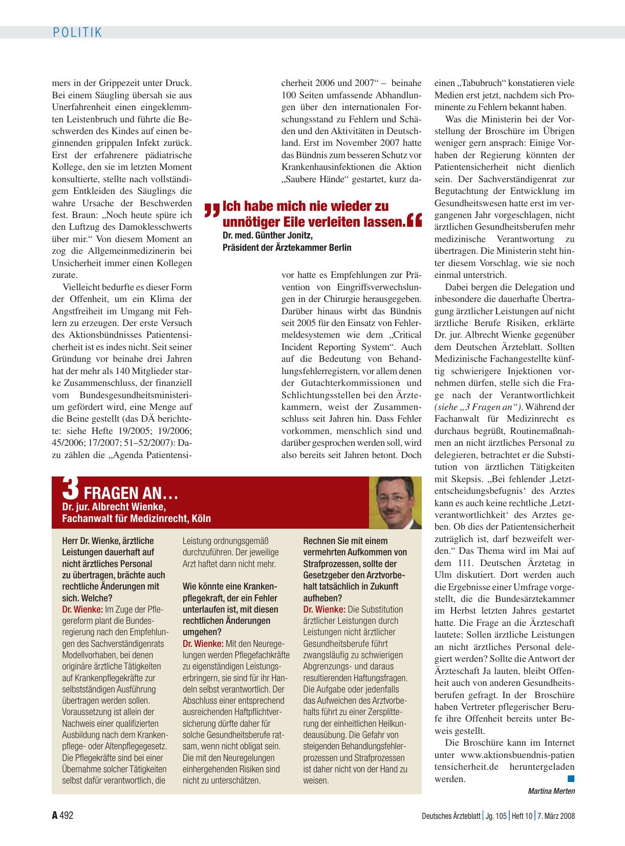 Vorschauseite 1: 3 Fragen an Dr. jur. Albrecht Wienke, Fachanwalt für Medizinrecht, Köln
