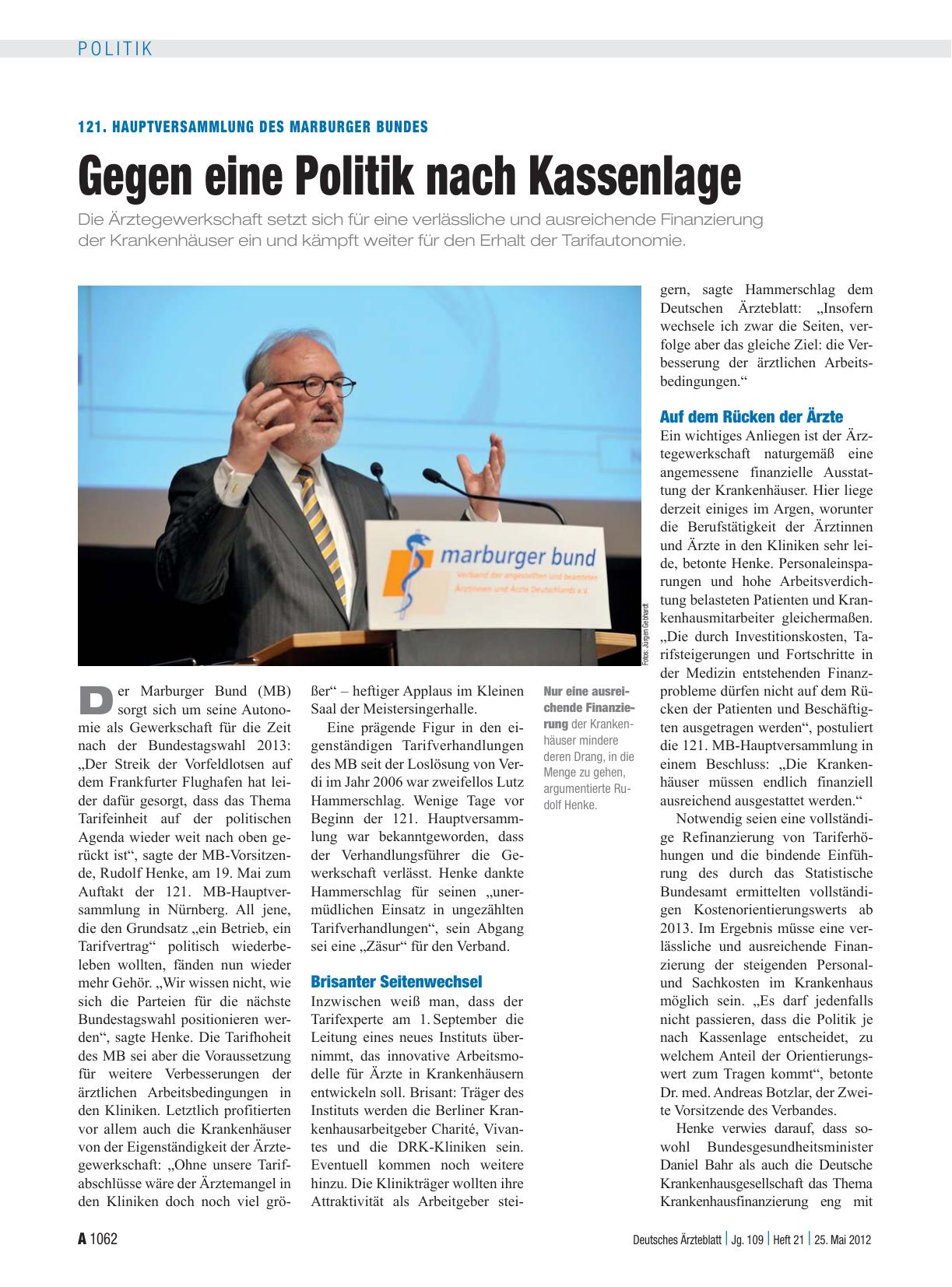 Vorschauseite 1: 121. Hauptversammlung des Marburger Bundes: Gegen eine Politik nach Kassenlage