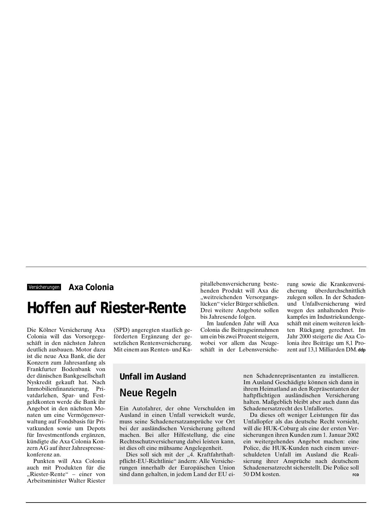 Vorschauseite 1: Axa Colonia: Hoffen auf Riester-Rente