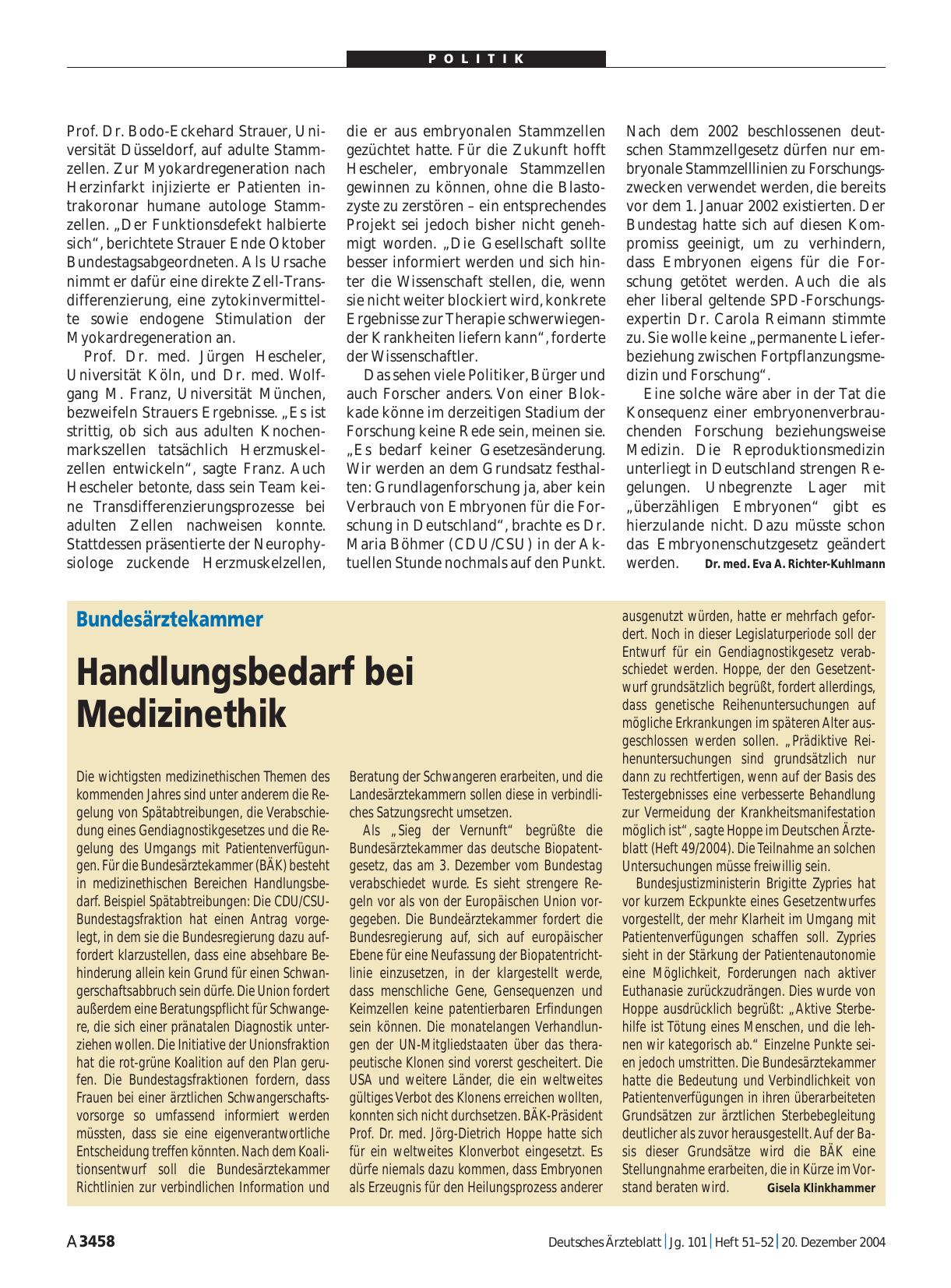 Vorschauseite 1: Bundesärztekammer: Handlungsbedarf bei Medizinethik