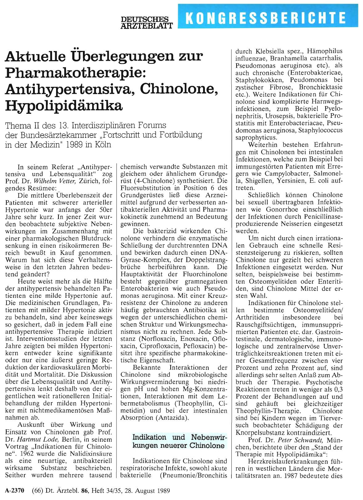 Vorschauseite 1: Aktuelle Überlegungen zur Pharmakotherapie: Antihypertensiva, Chinolone, Hypolipidämika