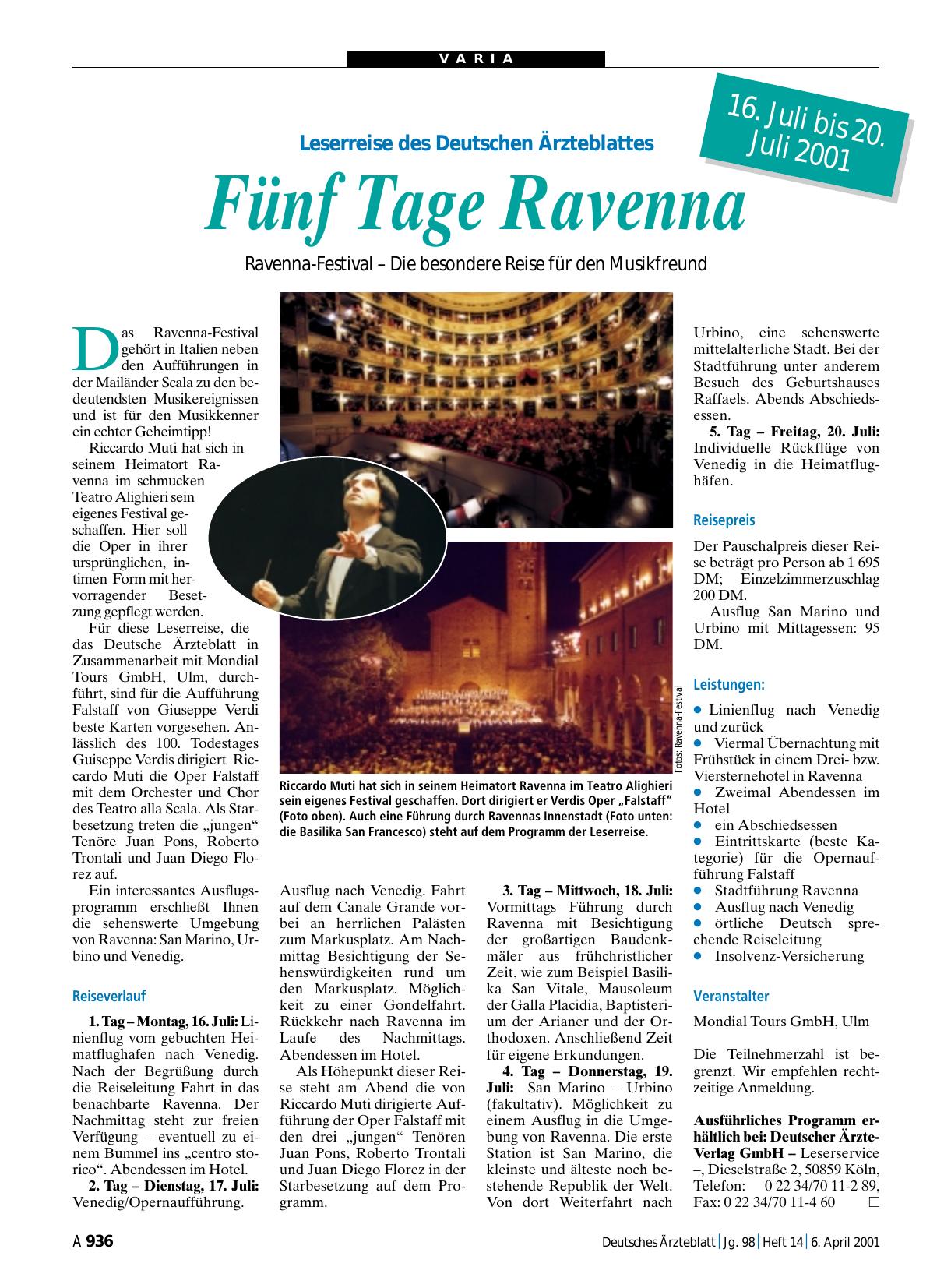 Vorschauseite 1: Leserreise des Deutschen Ärzteblattes: Fünf Tage Ravenna