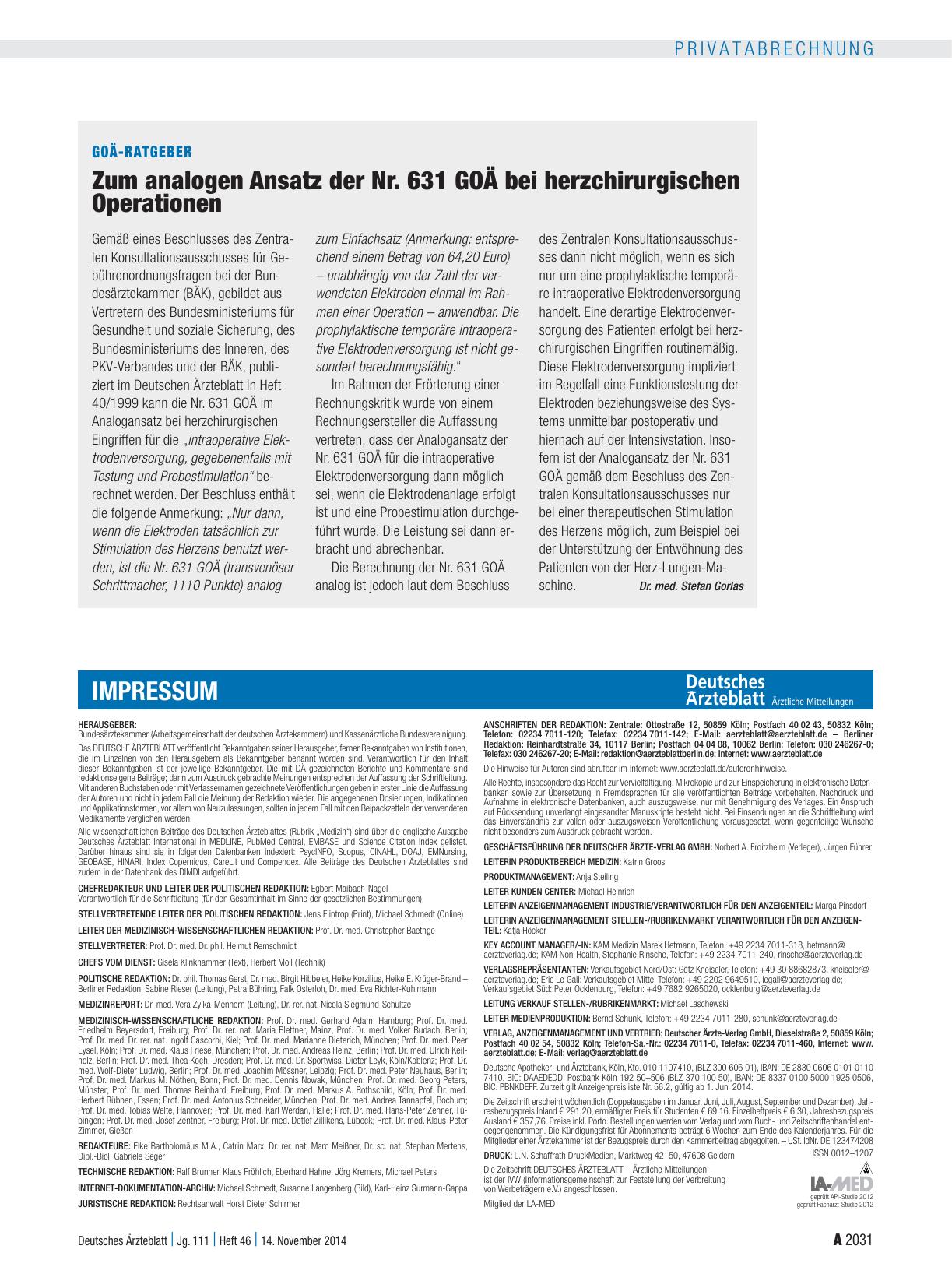 Vorschauseite 1: GOÄ-Ratgeber: Zum analogen Ansatz der Nr. 631 GOÄ bei herzchirurgischen Operationen
