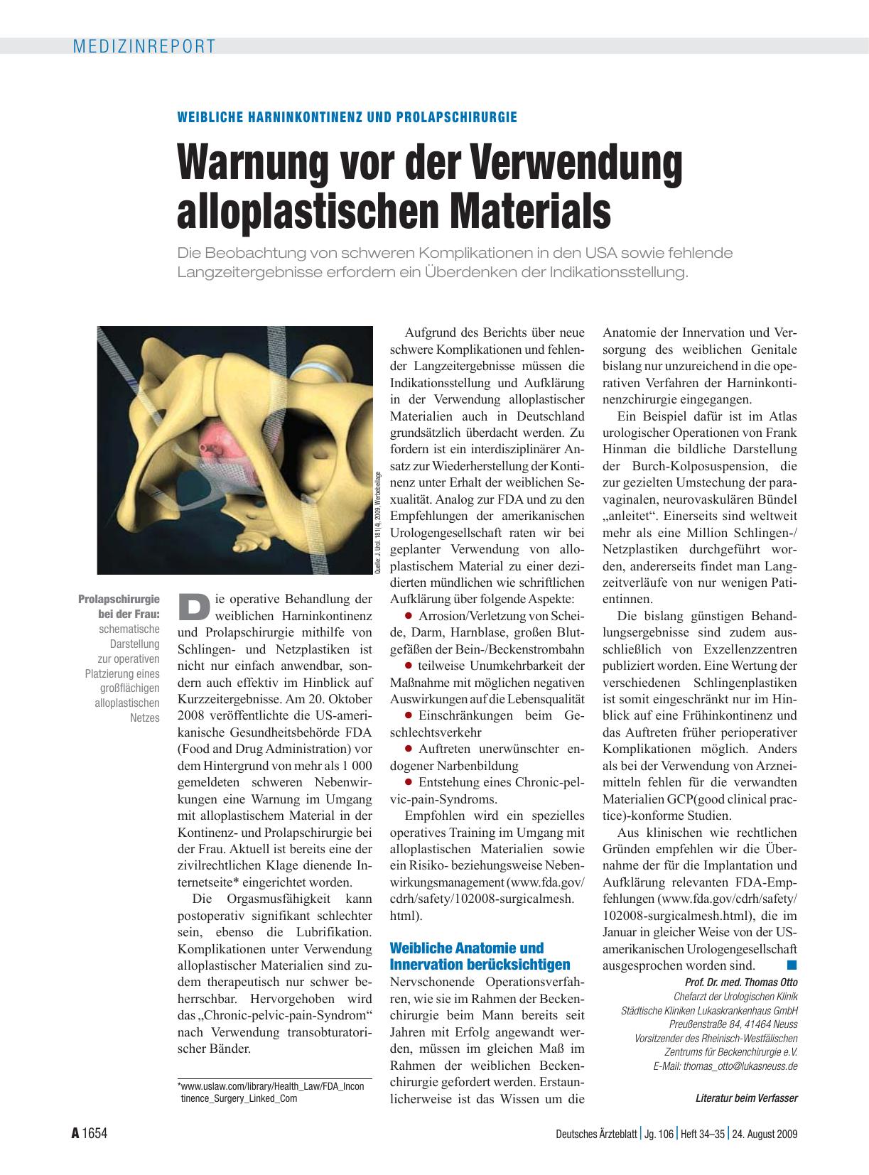 Vorschauseite 1: Weibliche Harninkontinenz und Prolapschirurgie: Warnung vor der Verwendung alloplastischen Materials