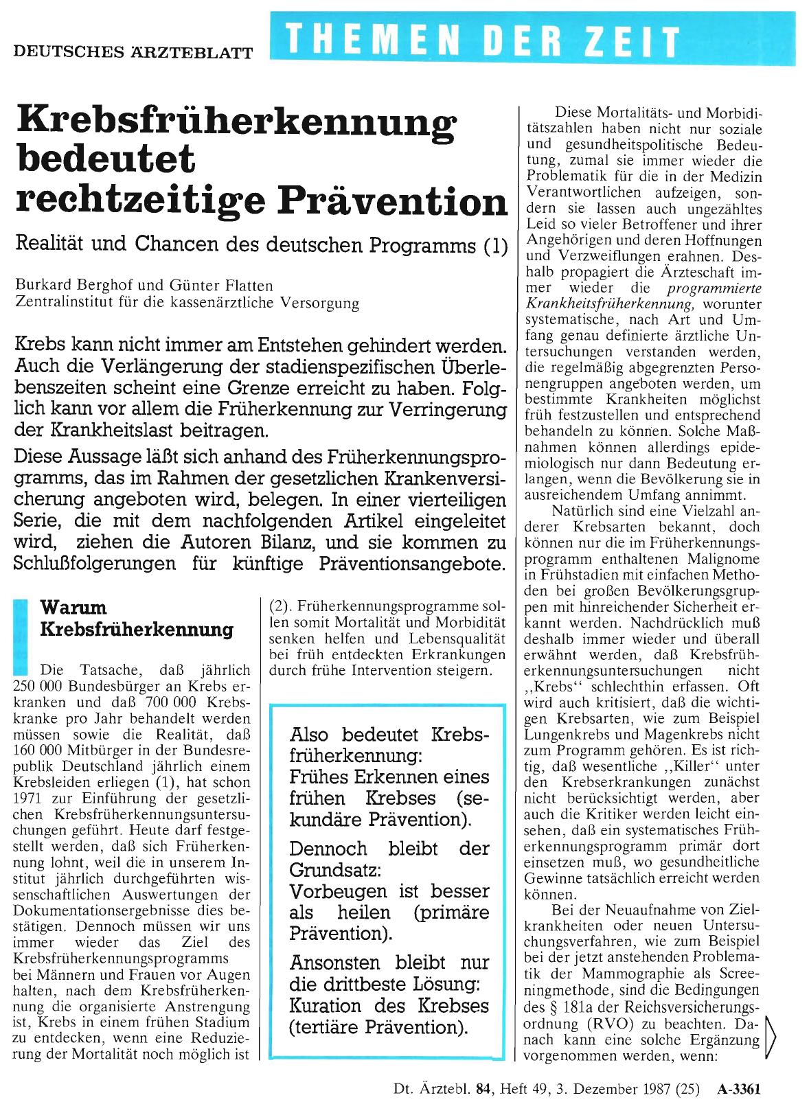 Vorschauseite 1: Krebsfrüherkennung bedeutet rechtzeitige Prävention: Realität und Chancen des deutschen Programms (1)