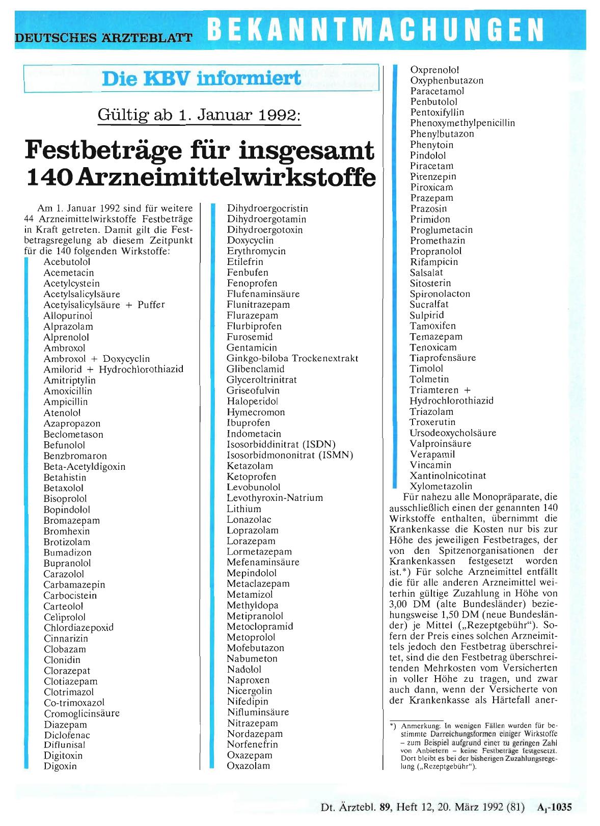 Vorschauseite 1: Gültig ab 1. Januar 1992: Festbeträge für insgesamt 140 Arzneimittelwirkstoffe