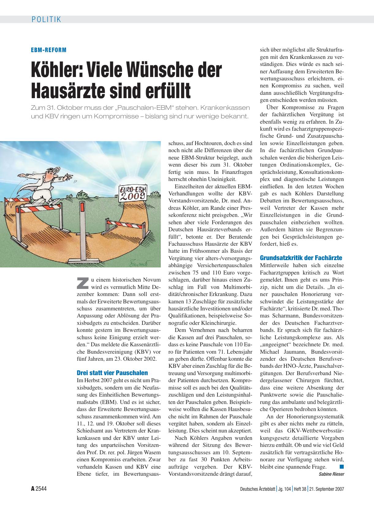 Vorschauseite 1: EBM-Reform: Köhler – Viele Wünsche der Hausärzte sind erfüllt