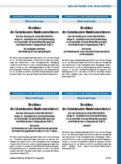 Vorschauseite 1: Beschluss des Gemeinsamen Bundesausschusses über eine Änderung der Arzneimittel-Richtlinie: Burosumab (zur Behandlung der X-chromosomalen Hypophosphatämie bei Kindern und Jugendli…