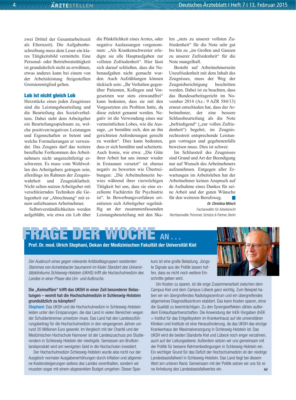 Vorschauseite 1: Frage der Woche an. .. Prof. Dr. med. Ulrich Stephani, Dekan der Medizinischen Fakultät der Universität Kiel