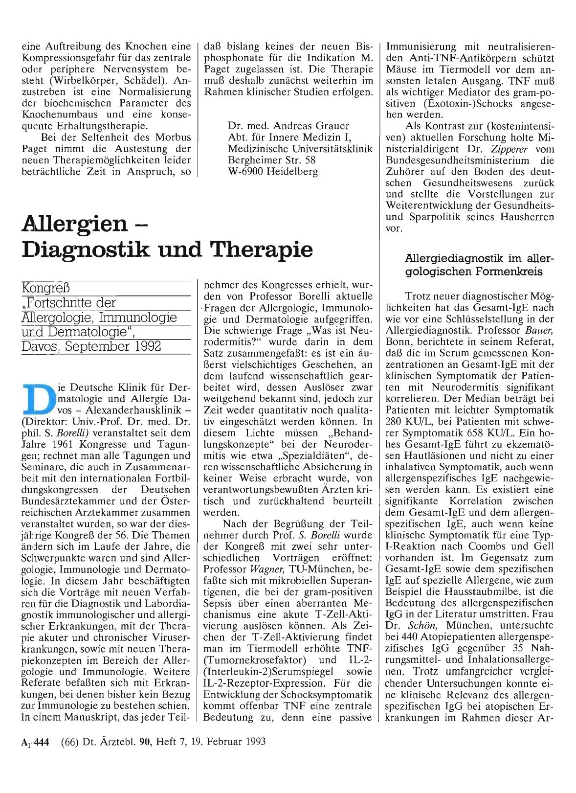 Vorschauseite 1: Allergien - Diagnostik und Therapie: Kongreß „Fortschritte der Allergologie, Immunologie und Dermatologie“, Davos, September 1992