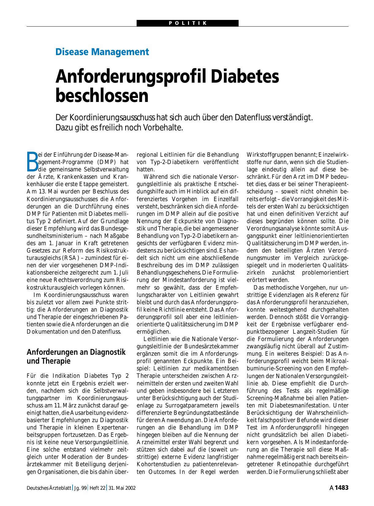 Vorschauseite 1: Disease Management: Anforderungsprofil Diabetes beschlossen
