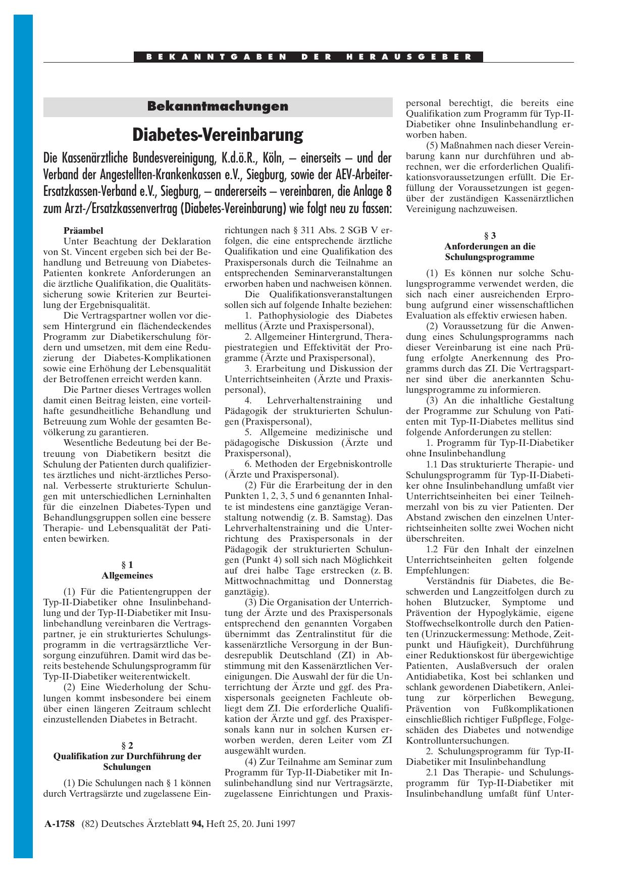Vorschauseite 1: Bekanntmachungen: Diabetes-Vereinbarung